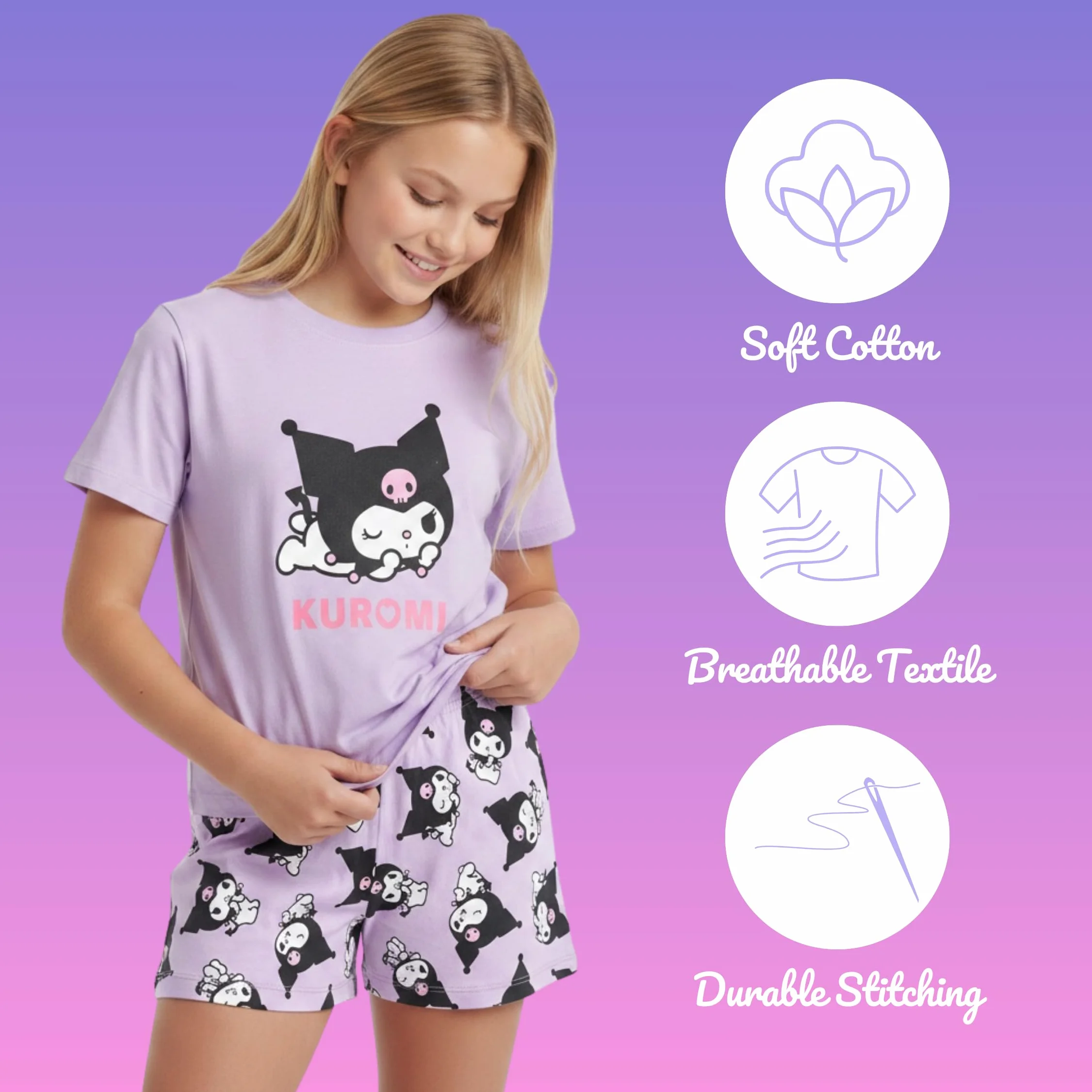 Hello Kitty Kuromi Camiseta y Pantalon para Niña, Pijama Conjunto 2 Piezas Camiseta Manga Corta y Pantalon Corto, Tallas 8 a 14 Años