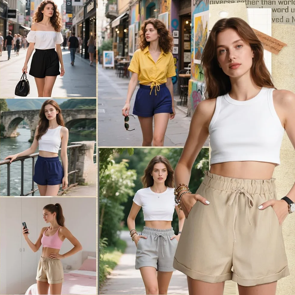 Pantalones Cortos Mujer Cintura Alta Cordón Bolsillos Verano Deporte Playa