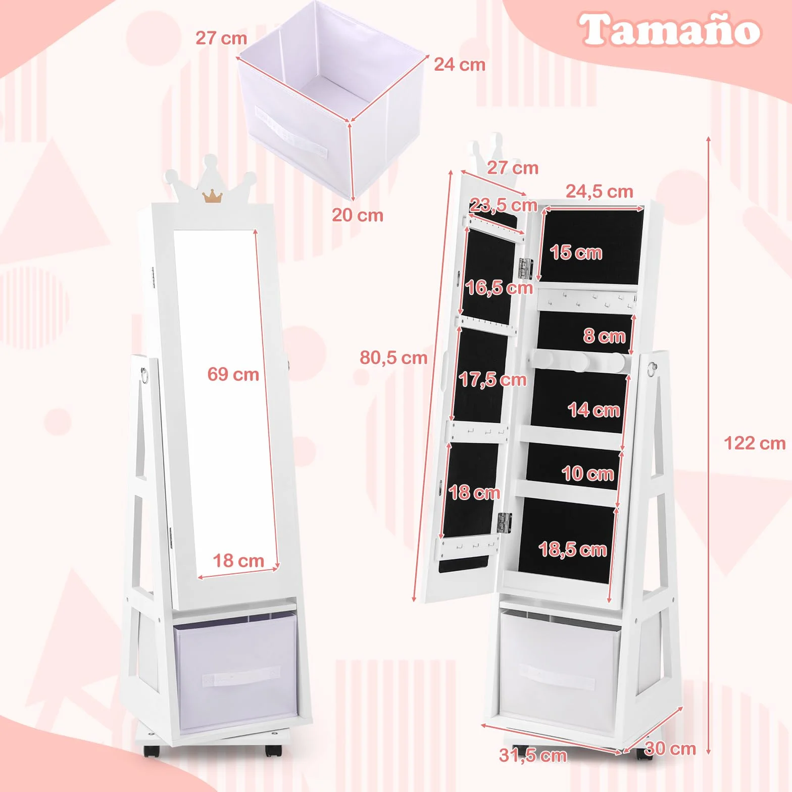 COSTWAY Armario Joyero para Niñas con Espejo de Cuerpo Completo y Base Giratoria, Blanco