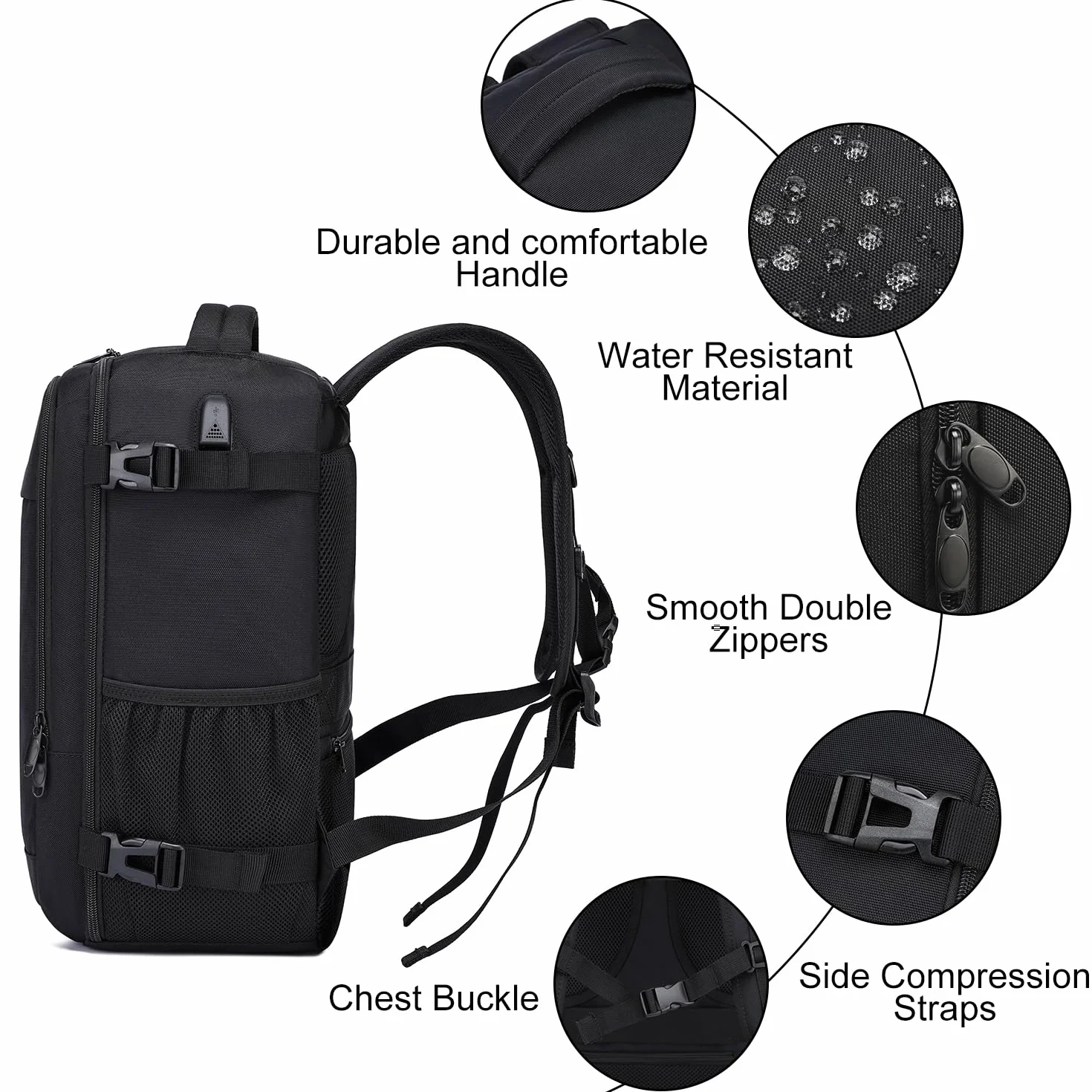 PUSLOM Mochila Viaje Cabina Avion 40x30x20 24L Bolsa Viaje Hombre Mujer Portatil 14 Pulgadas USB Negro