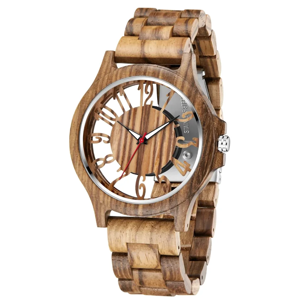 Relojes de madera para hombre, ébano, cebra, madera, cuarzo, cierre plegable, correa de madera, relojes de madera para hombre