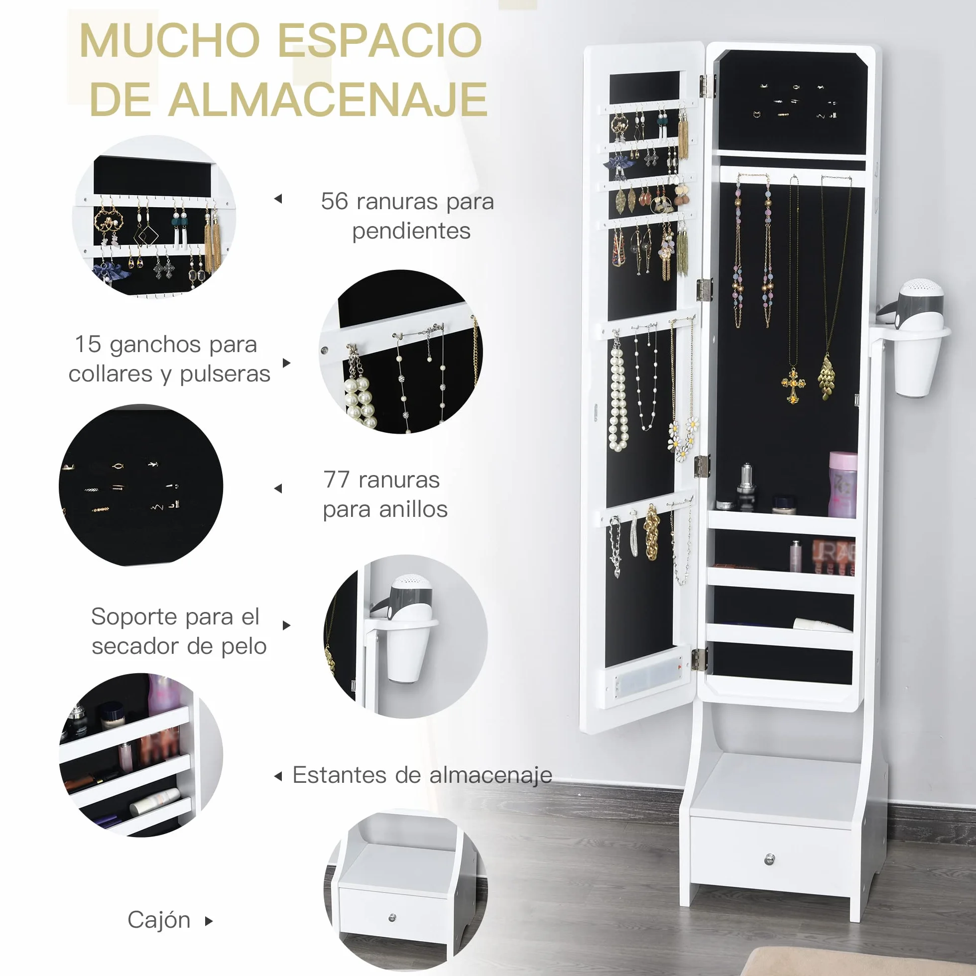 HOMCOM Espejo Joyero LED con Luces Armario Soporte Secador Ajustable Blanco