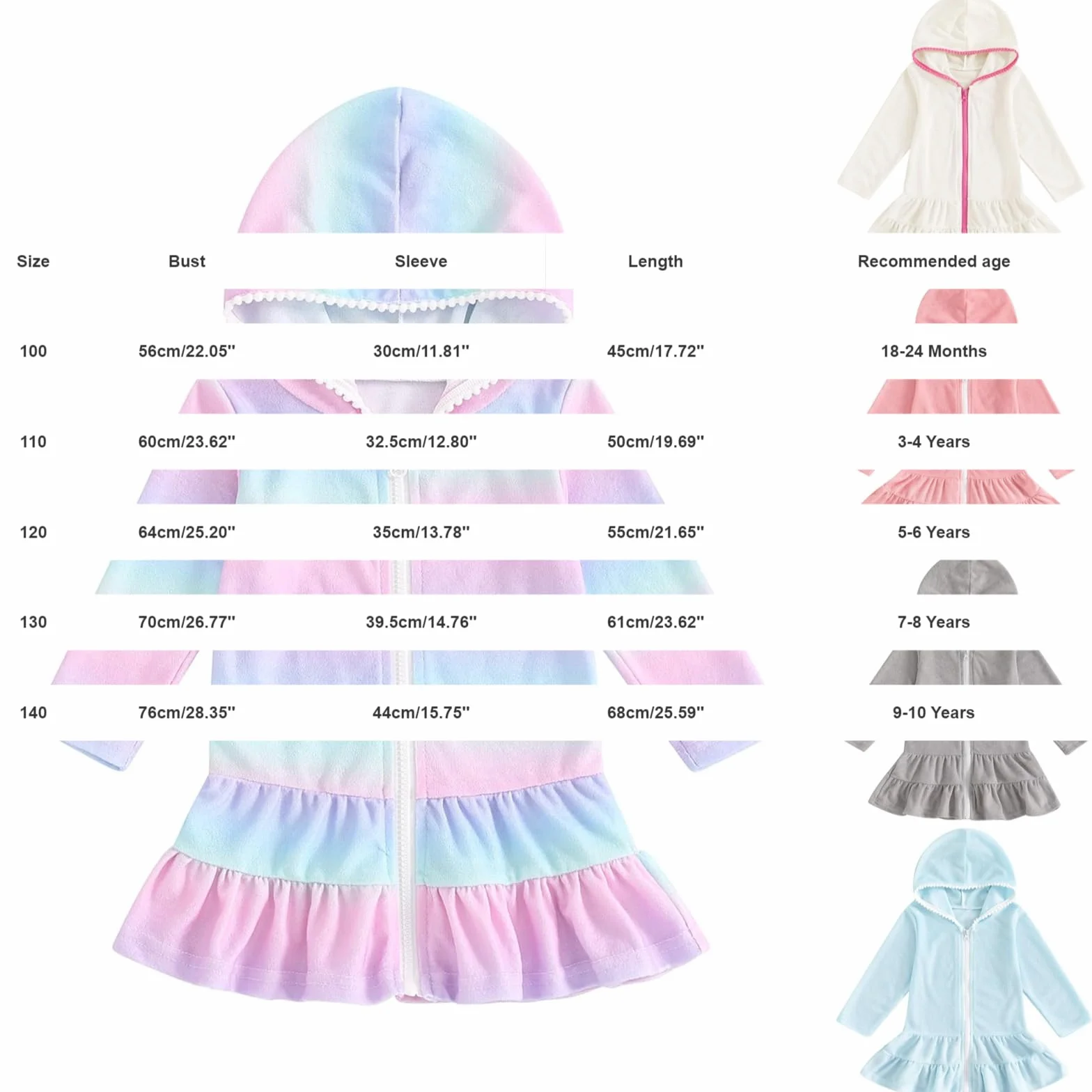 Vestido de baño de manga larga con cremallera y capucha para niñas, para cubrir el traje de baño con volantes, para piscina, playa, toalla de rizo