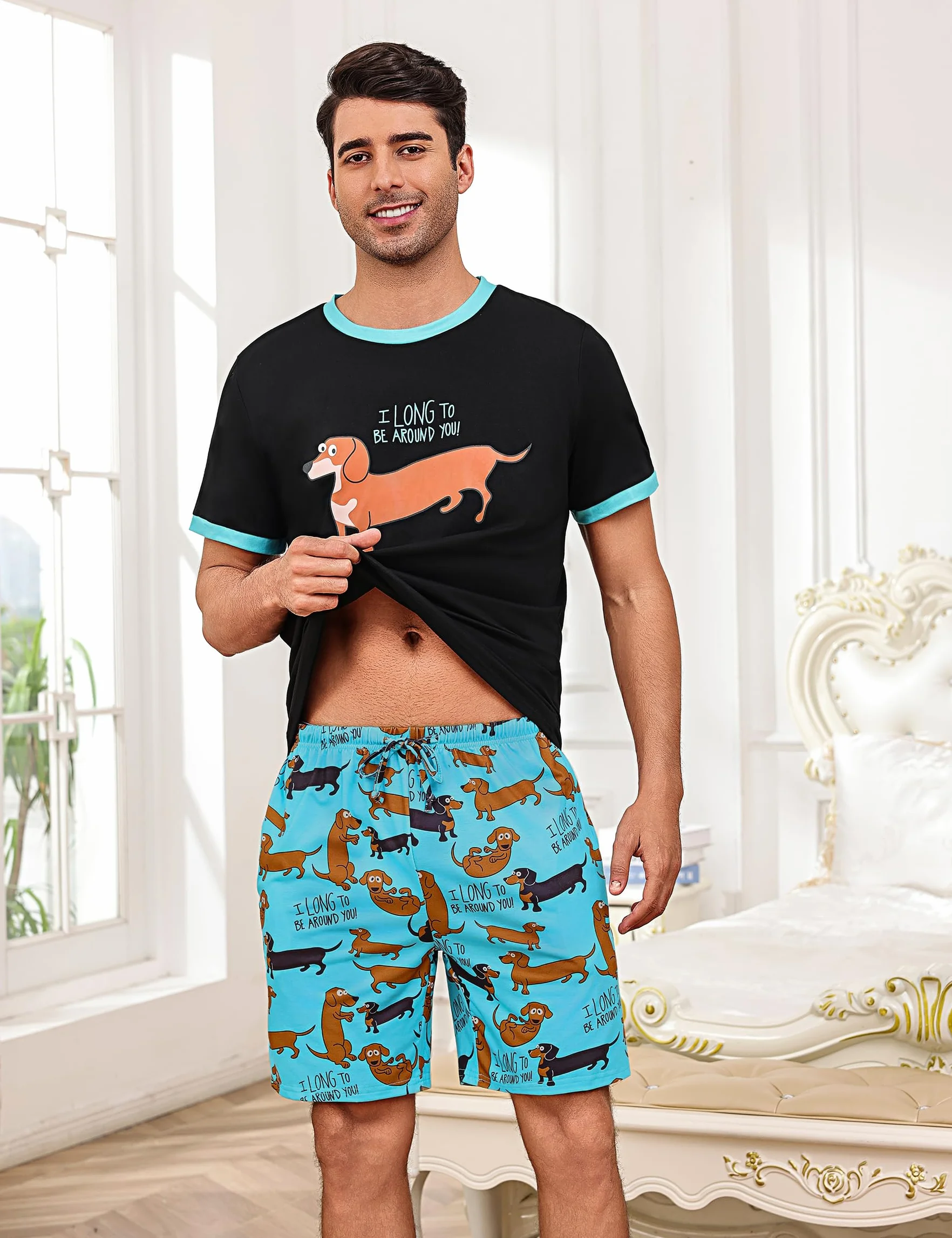 Pijama Hombre Algodón Divertido Ropa de Dormir Verano Mangas Cortas con Bolsillos