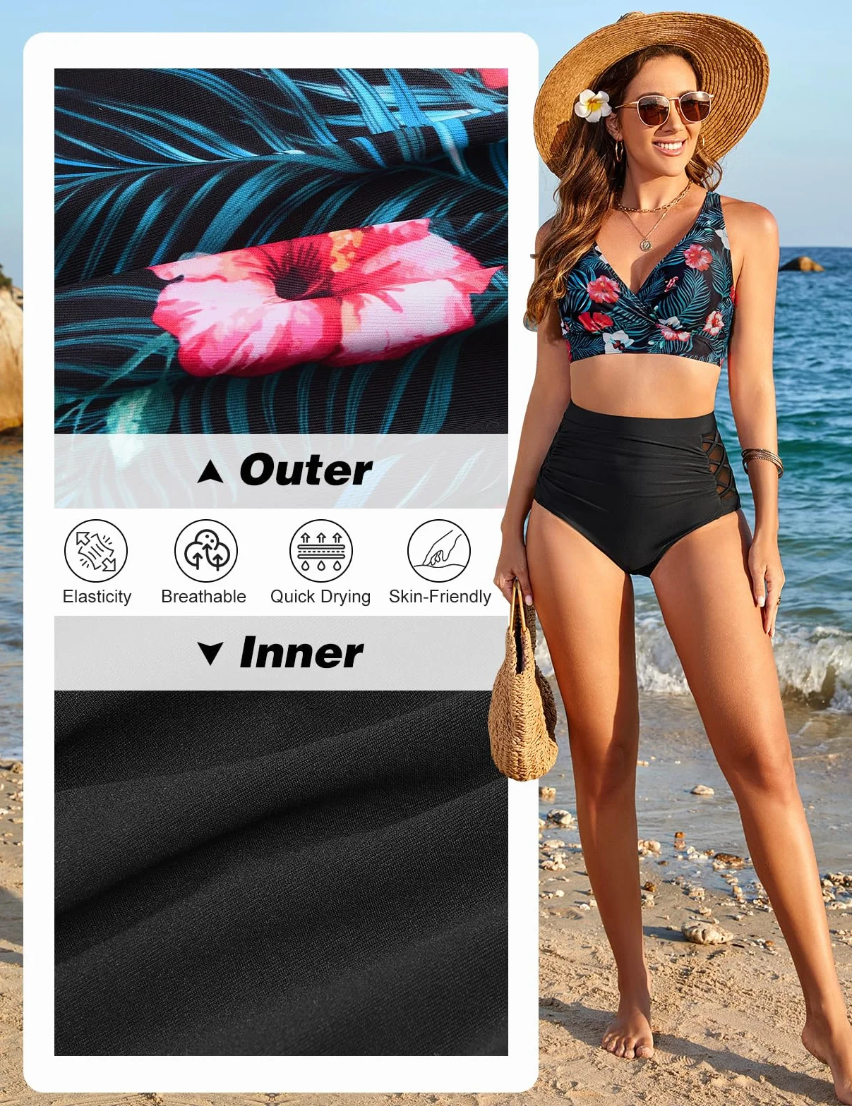 Tuopuda Bikini para Mujer Tallas Grandes Dos Piezas Cuello en V Cintura Alta Control de Vientre Traje de Baño Verano