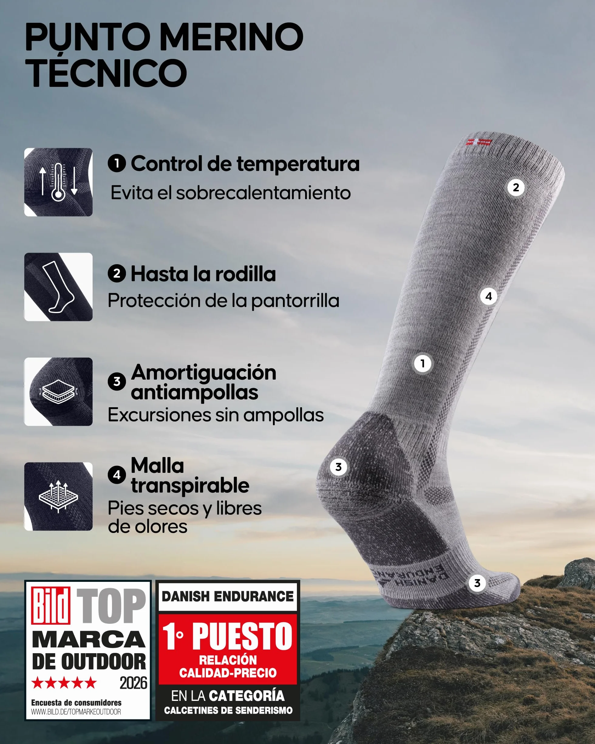DANISH ENDURANCE Calcetines de Lana Merino Hasta la Rodilla Unisex Antiampollas Senderismo 1 Pack