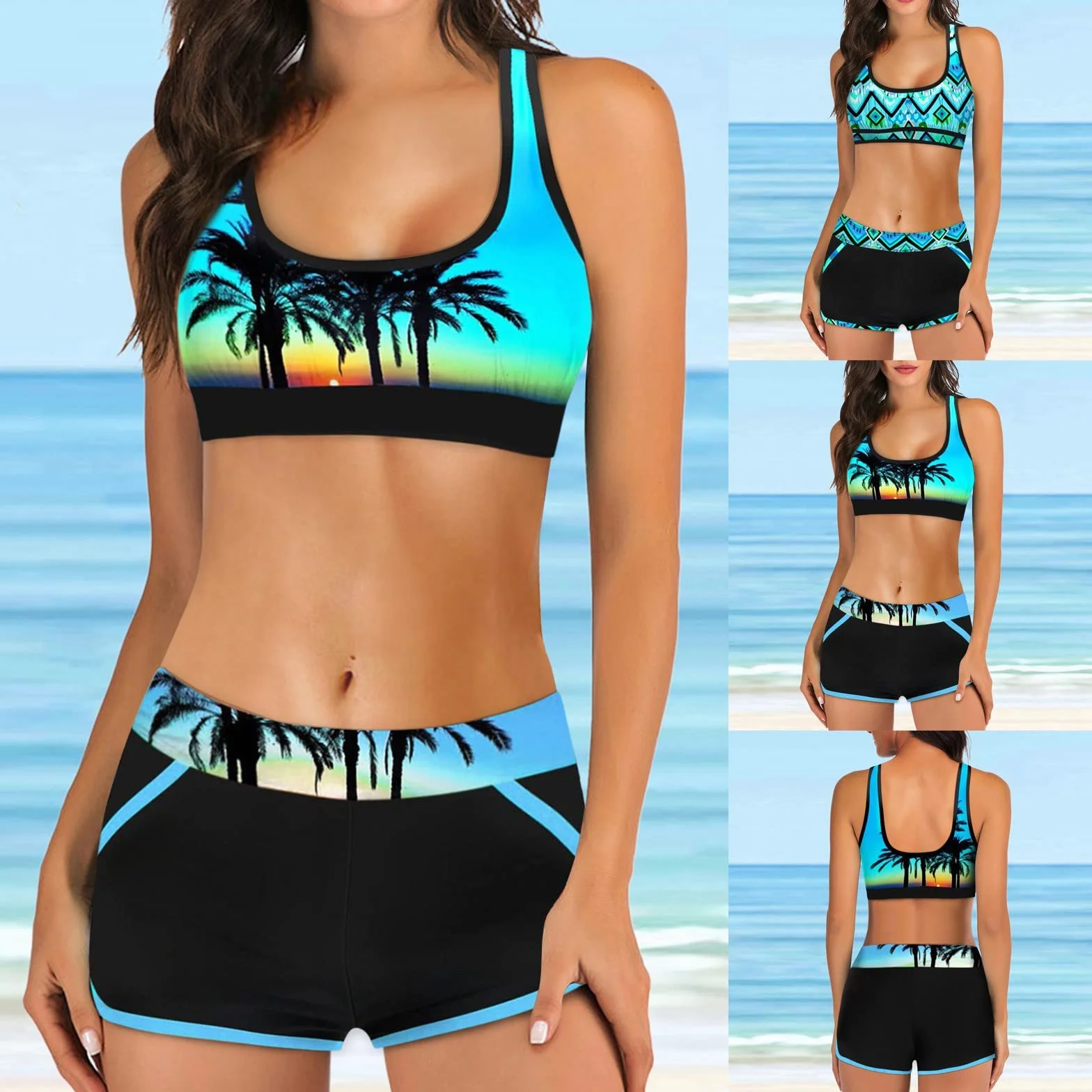 Conjuntos De Bikini para Mujer Bikinis Deportivo Push-up Acolchado Extraíble Cintura Alta Pantalones Cortos Dos Piezas Traje De Baño De Playa