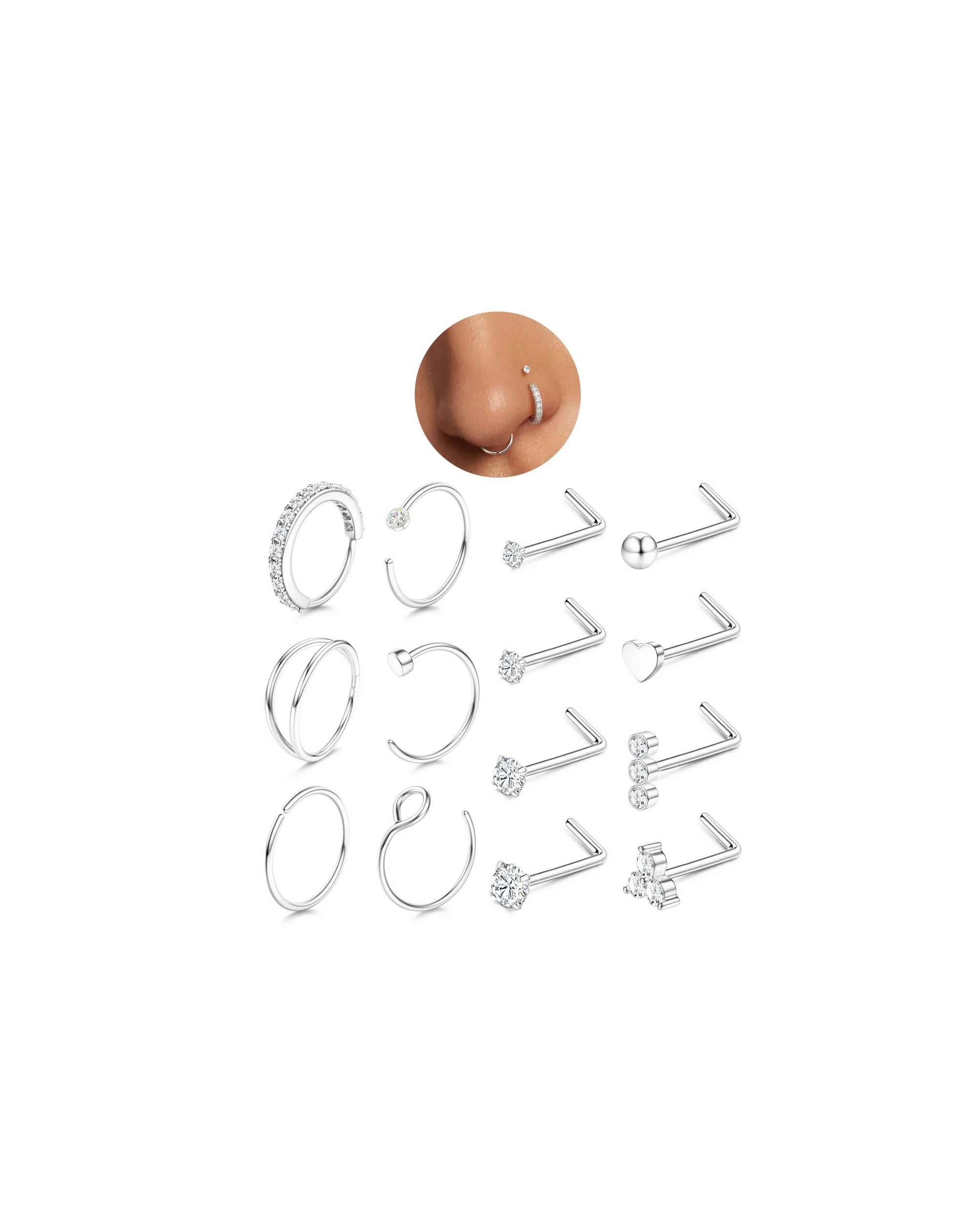 CASSIECA 14 Piezas Piercing Nariz Acero Quirúrgico Forma de L Hipoalergénico Anillos de Nariz Plata Oro Mujer Hombre