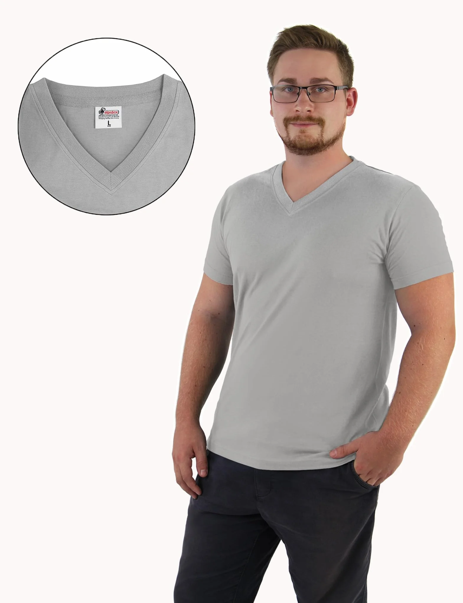 ALPIDEX T-Shirt Hombre Pack 5 Cuello V 100% Algodón Manga Corta Unicolor S-5XL