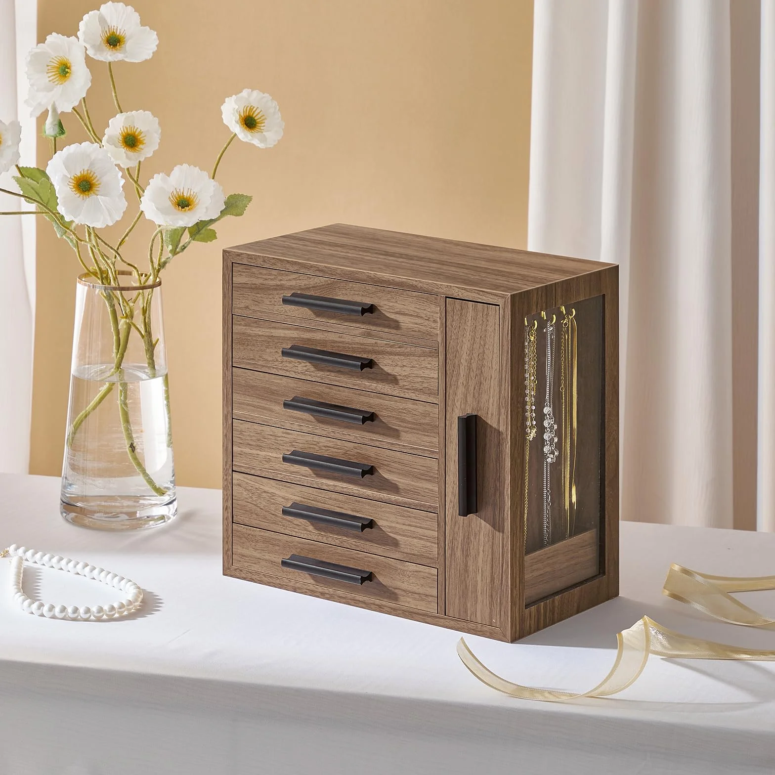 HOOBRO Caja Joyero de Madera 6 Niveles con Ventana Lateral Nogal y Negro
