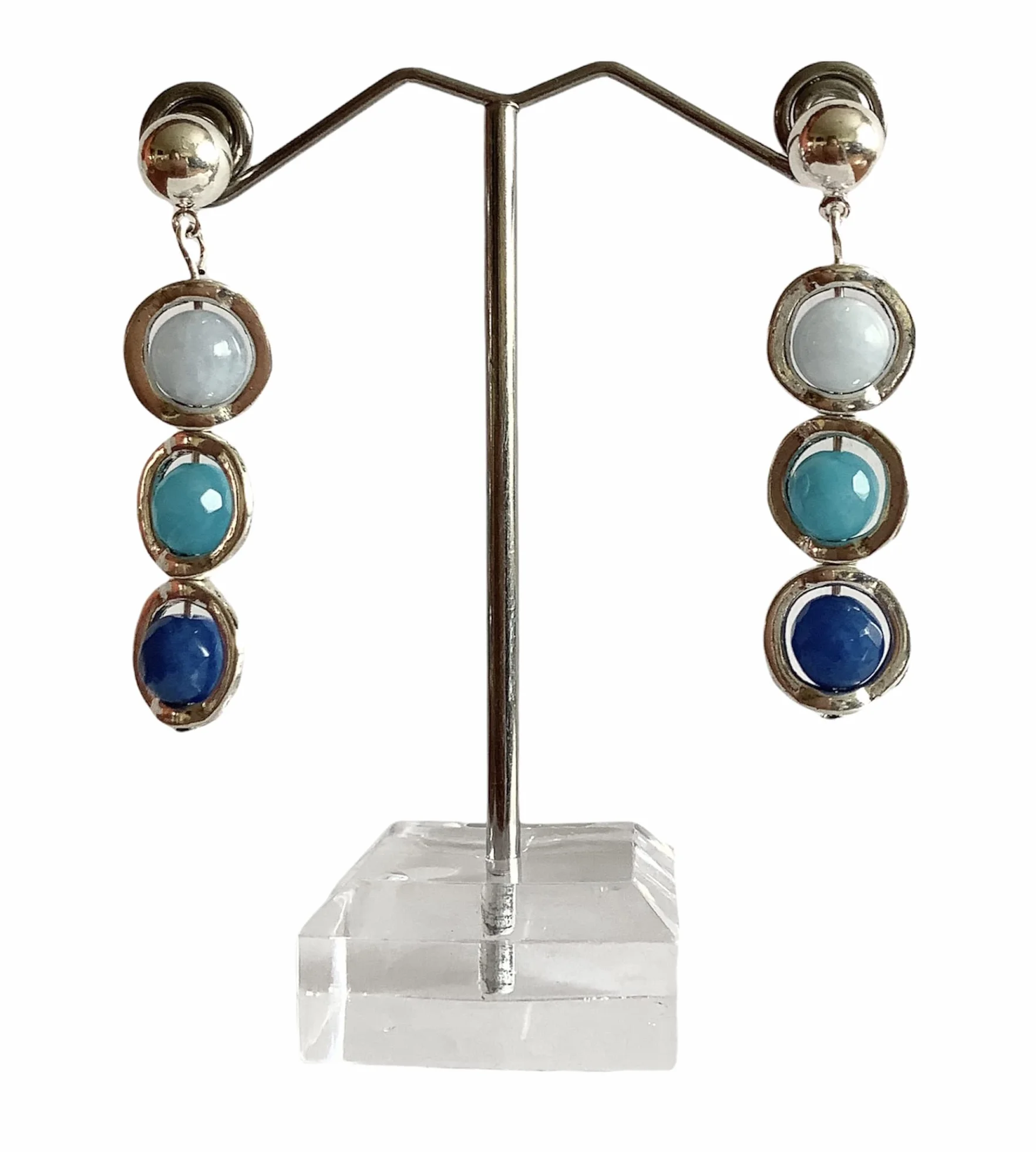 Pendientes Colgantes Aros con Piedras Naturales Ágatas Azul y Turquesa en Zamak color plata