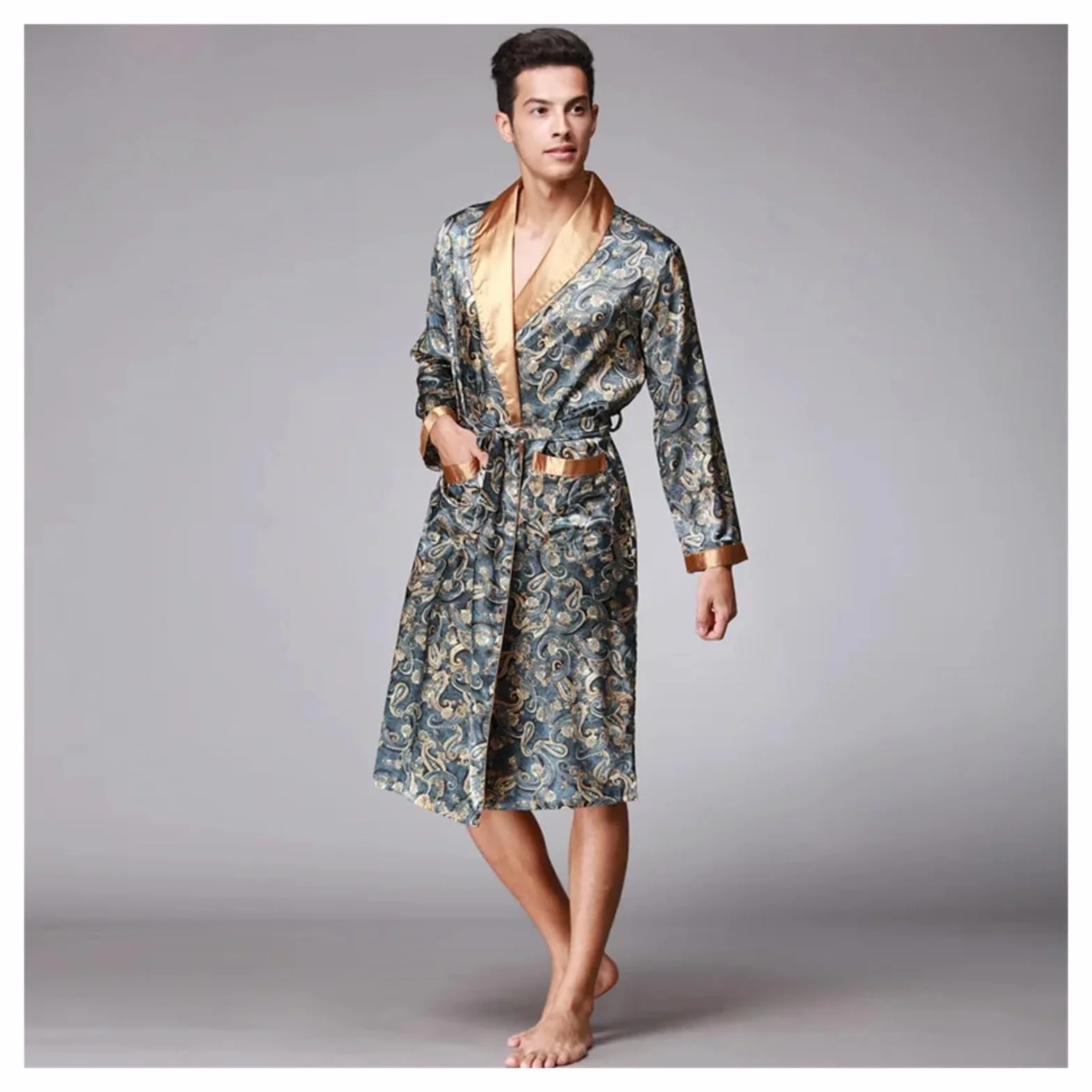 Bata Hombre Seda, Ropa De Dormir De Seda Satinada, Bata De Baño De Verano, Pijama De Manga Larga, Bata De Dormir, Pijama Sleepwar Hombre para SPA (Coffee, XXL)