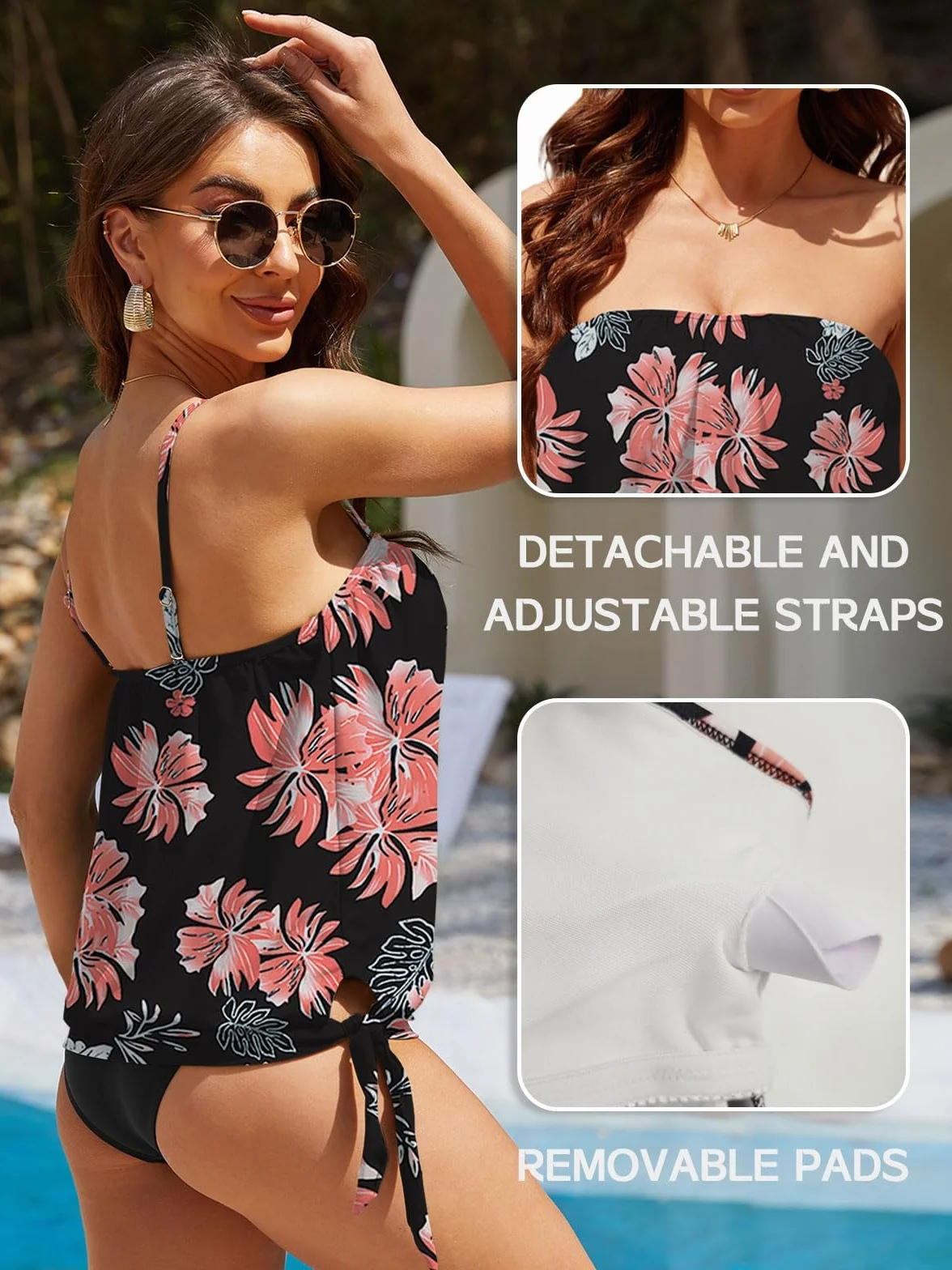 Yutdeng Tankini Dos Piezas para Mujer Push Up Bandeau Relleno Top Tirantes Ajustables Traje de Baño Vientre Plano