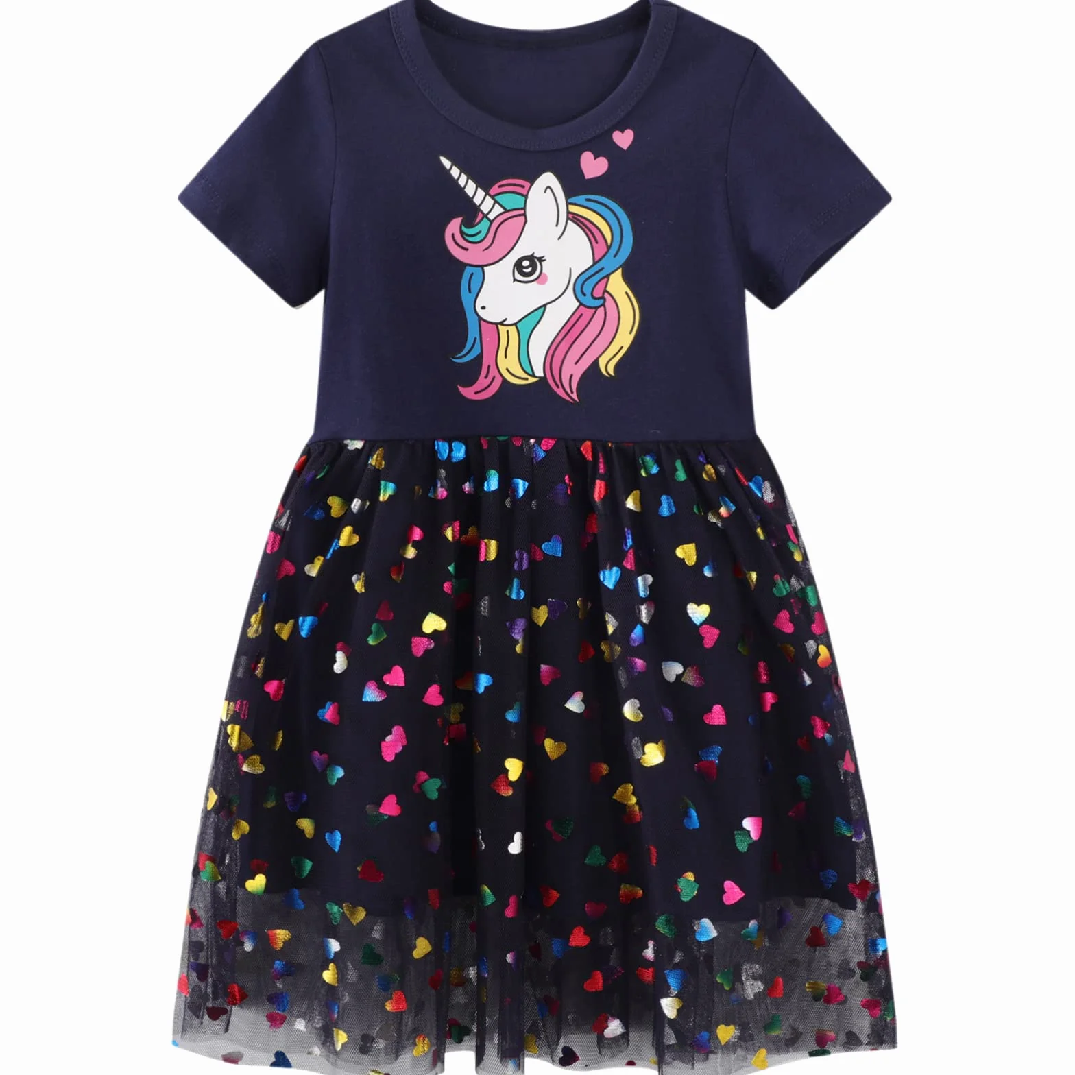 Vestido Niña Unicornio Algodón Lentejuelas Tul Cuello Redondo Vestidos Princesa Fiesta Verano Talla 2-7 Años