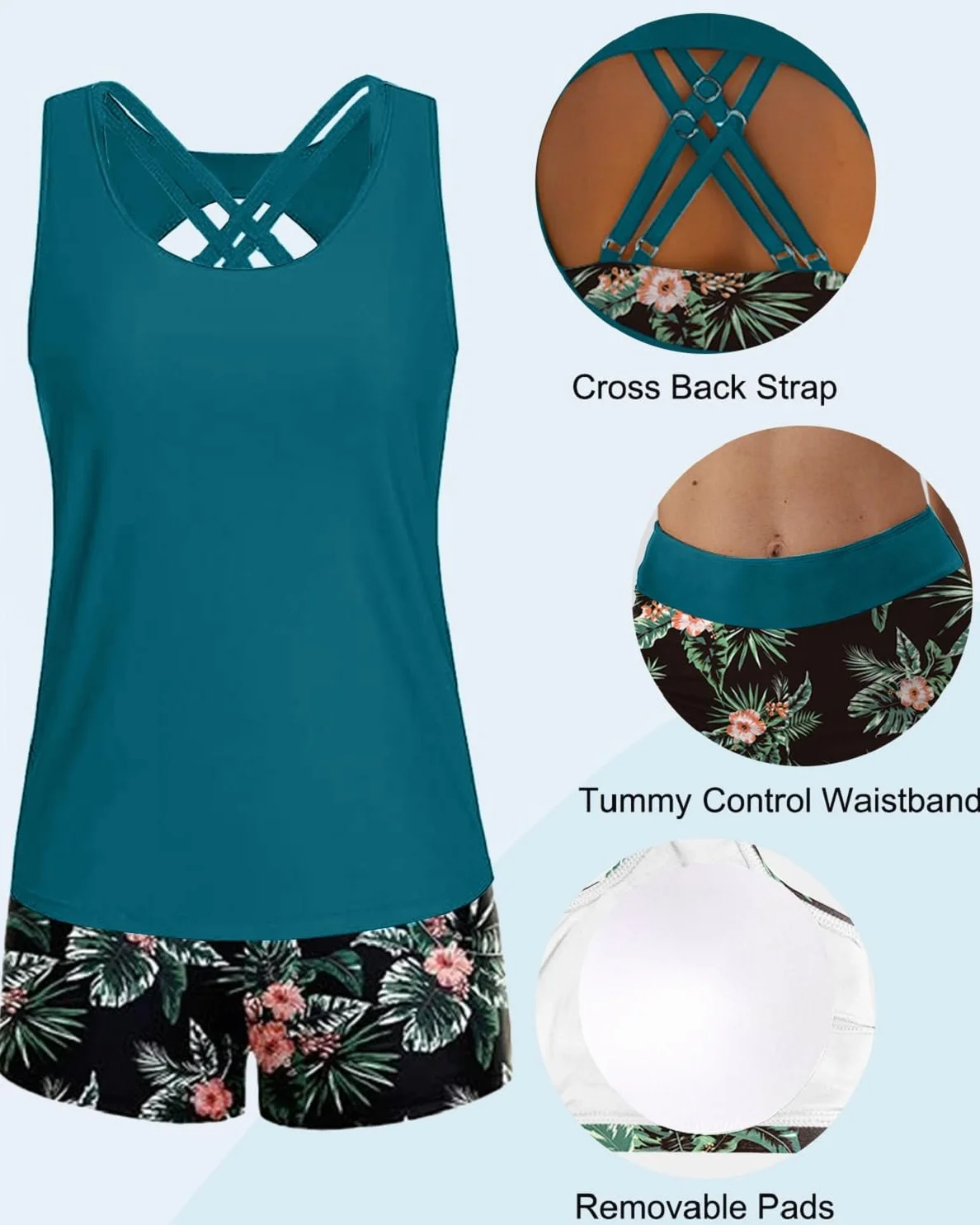 Yutdeng Tankini Mujer 3 Piezas Reductor Barriga Push Up Bañador con Pierna Vientre Plano