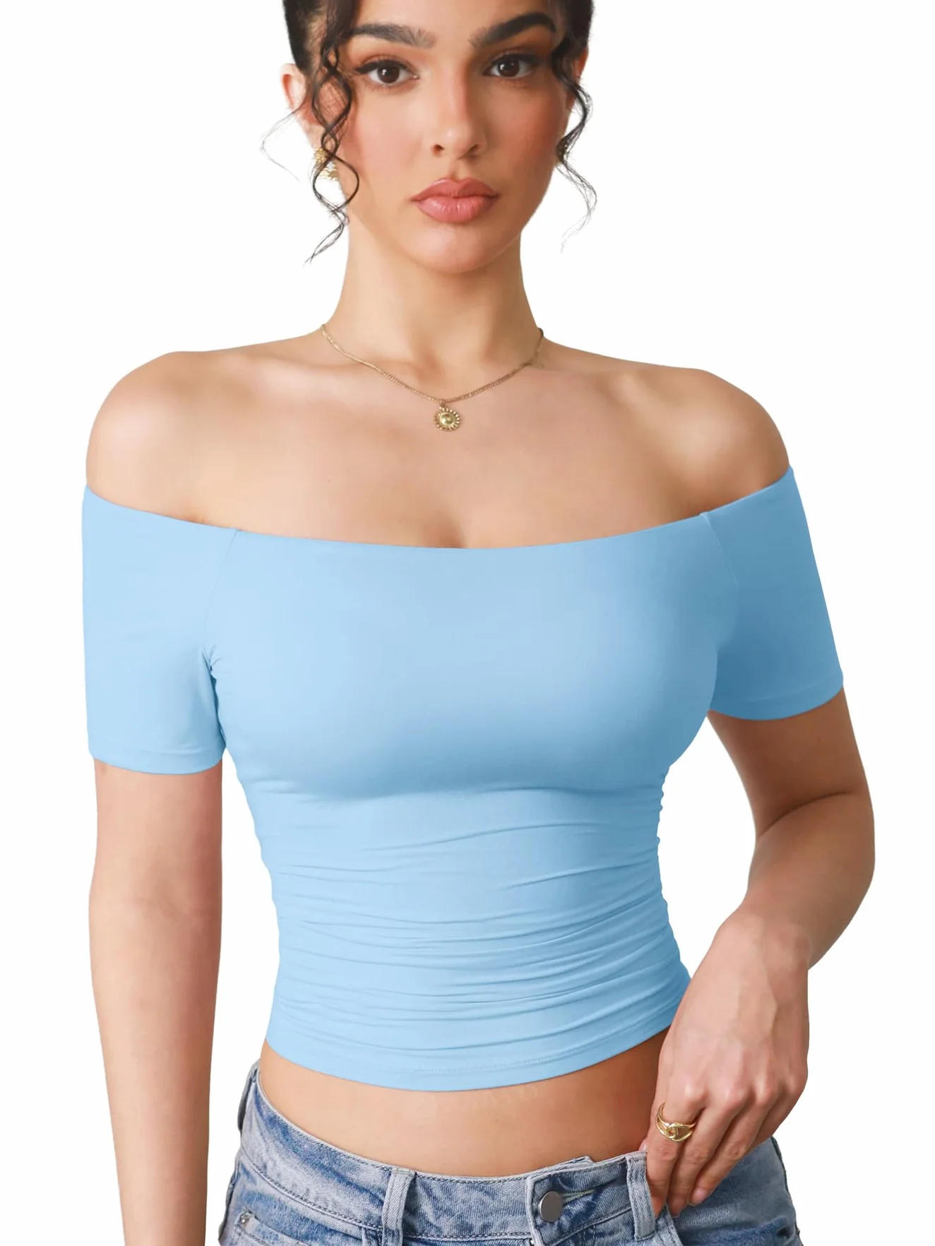ZAAYO Y2K Summer Crop Top Camiseta deportiva para mujer con hombros descubiertos