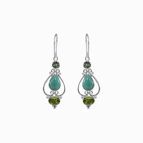 925 Sterling Silver Turquoise, Peridot, Green Amethyst Dangle Earrings
