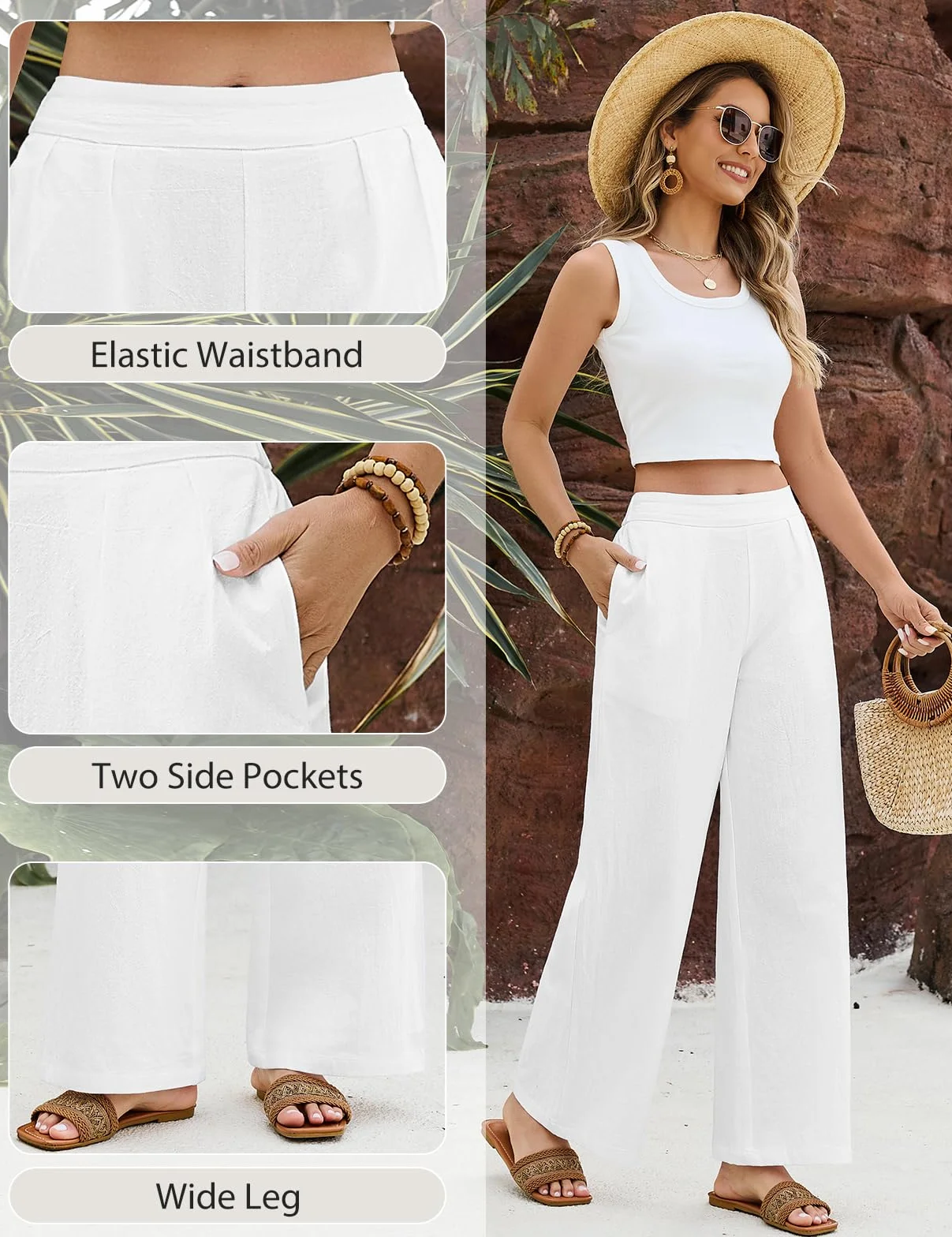Pantalones Mujer Verano Algodón Ancho Cintura Elástica Cómodo Bolsillos