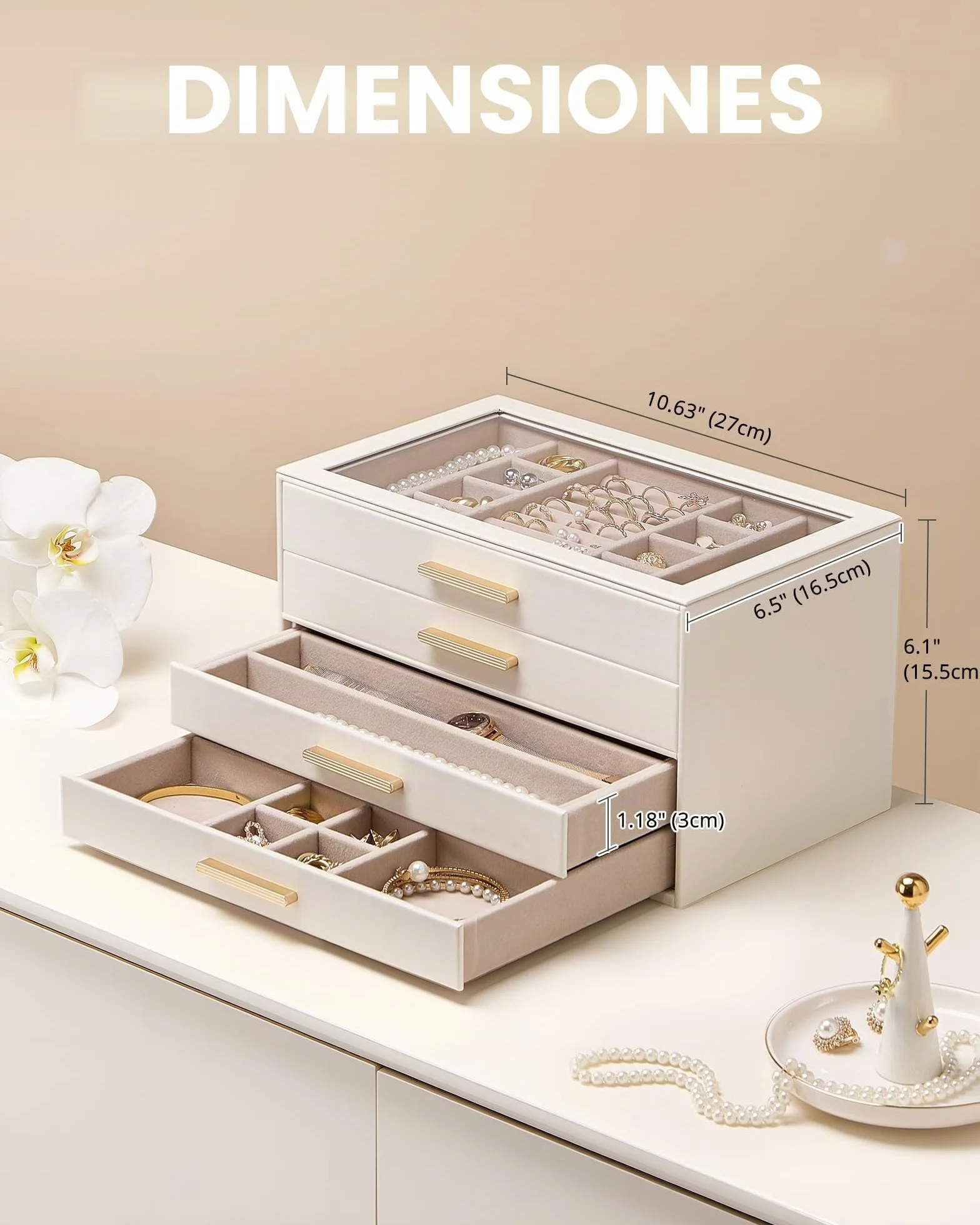 Caja Organizadora de Joyas 4 Niveles con Tapa de Vidrio, Joyero para Anillos Pendientes Pulseras Collares, Estuche Almacenamiento Mujer, Beige