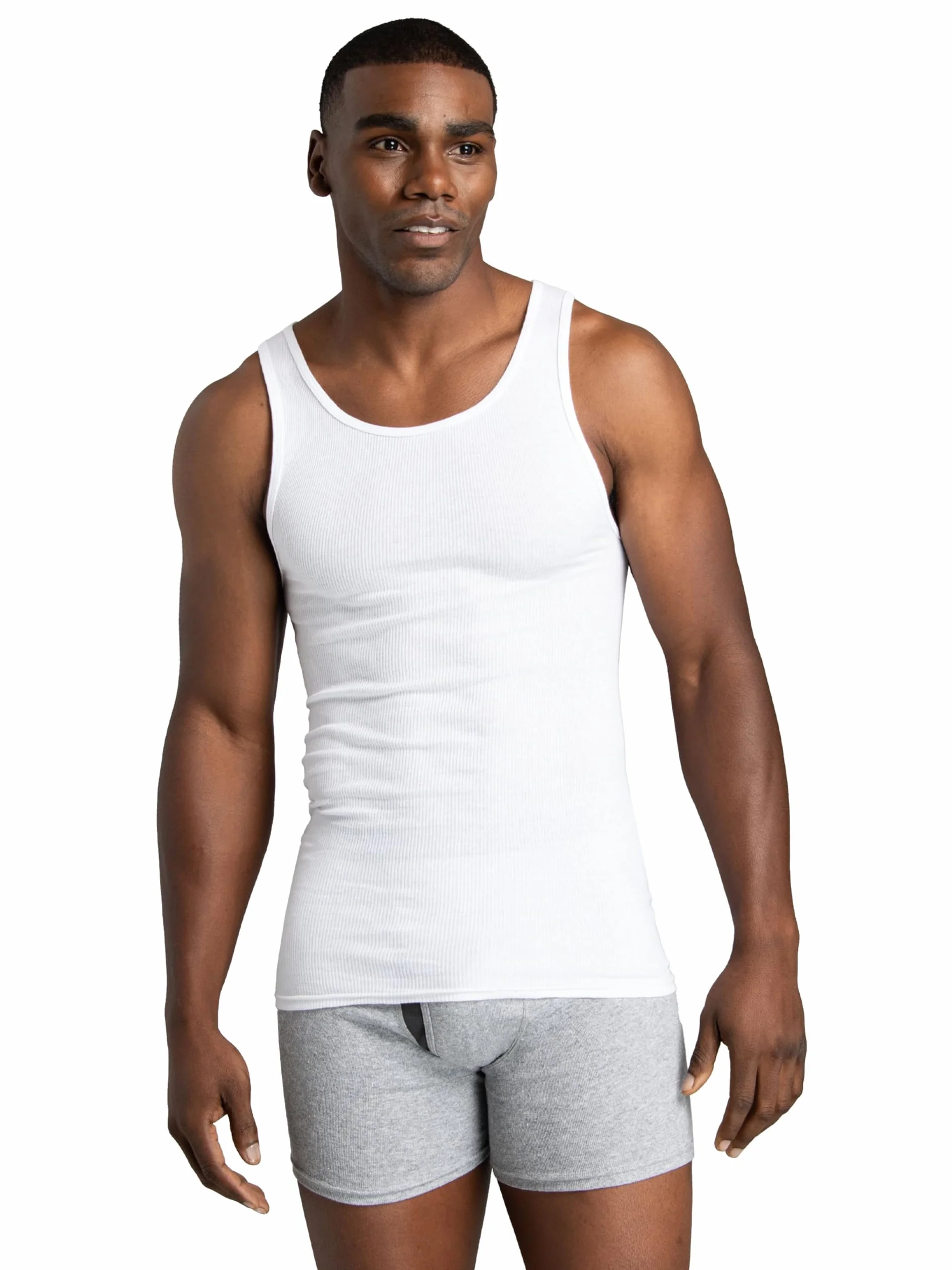 Fruit of the Loom Men's Sleeveless Tank A-Shirt, Tag Free & Moisture Wicking, Ribbed Stretch Fabric Undershirt (Pack of 8)
