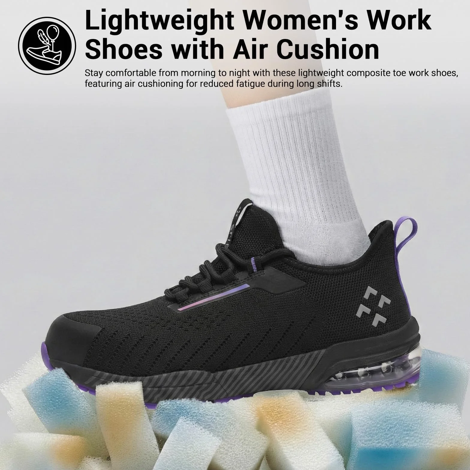 SPIEZ Zapatos Seguridad Mujer Air Cushion Slip-On Punta Composite Soporte Arco Negro-Morado EU 35-41