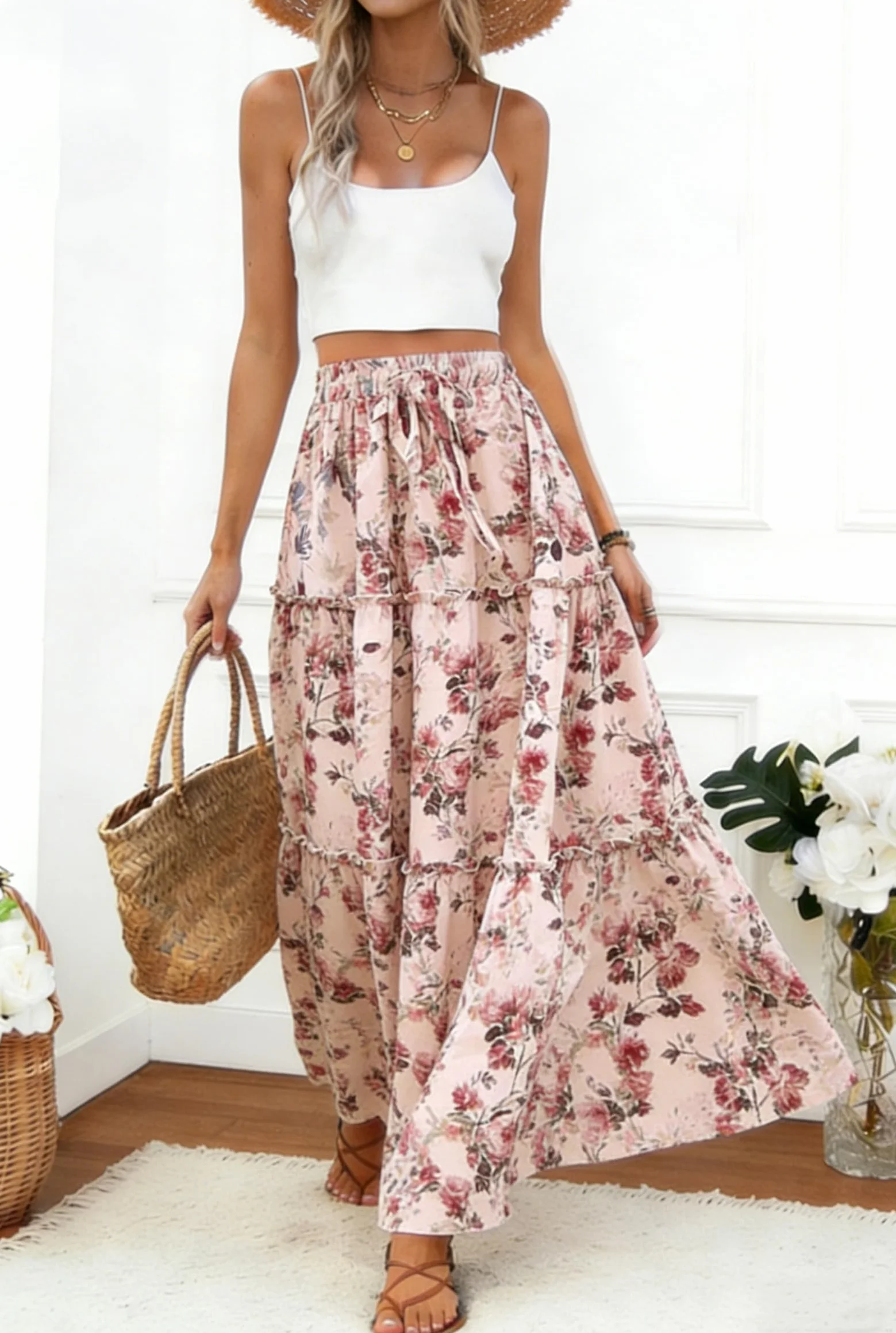 Falda Larga Cintura Alta Elegante Maxi con Bolsillos A-línea Elástica Bohemio Playa Verano