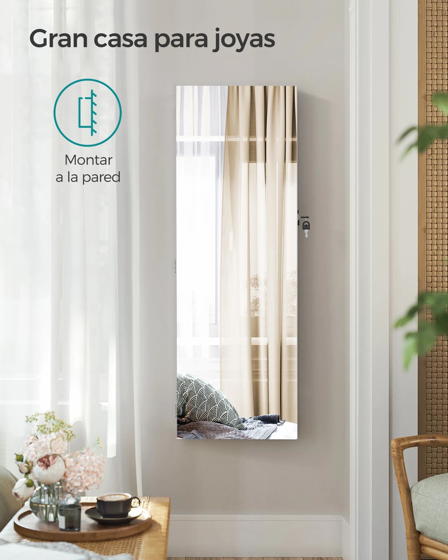 SONGMICS Armario Joyero con Espejo y Cerradura, Organizador de Puerta o Pared, Blanco Nube