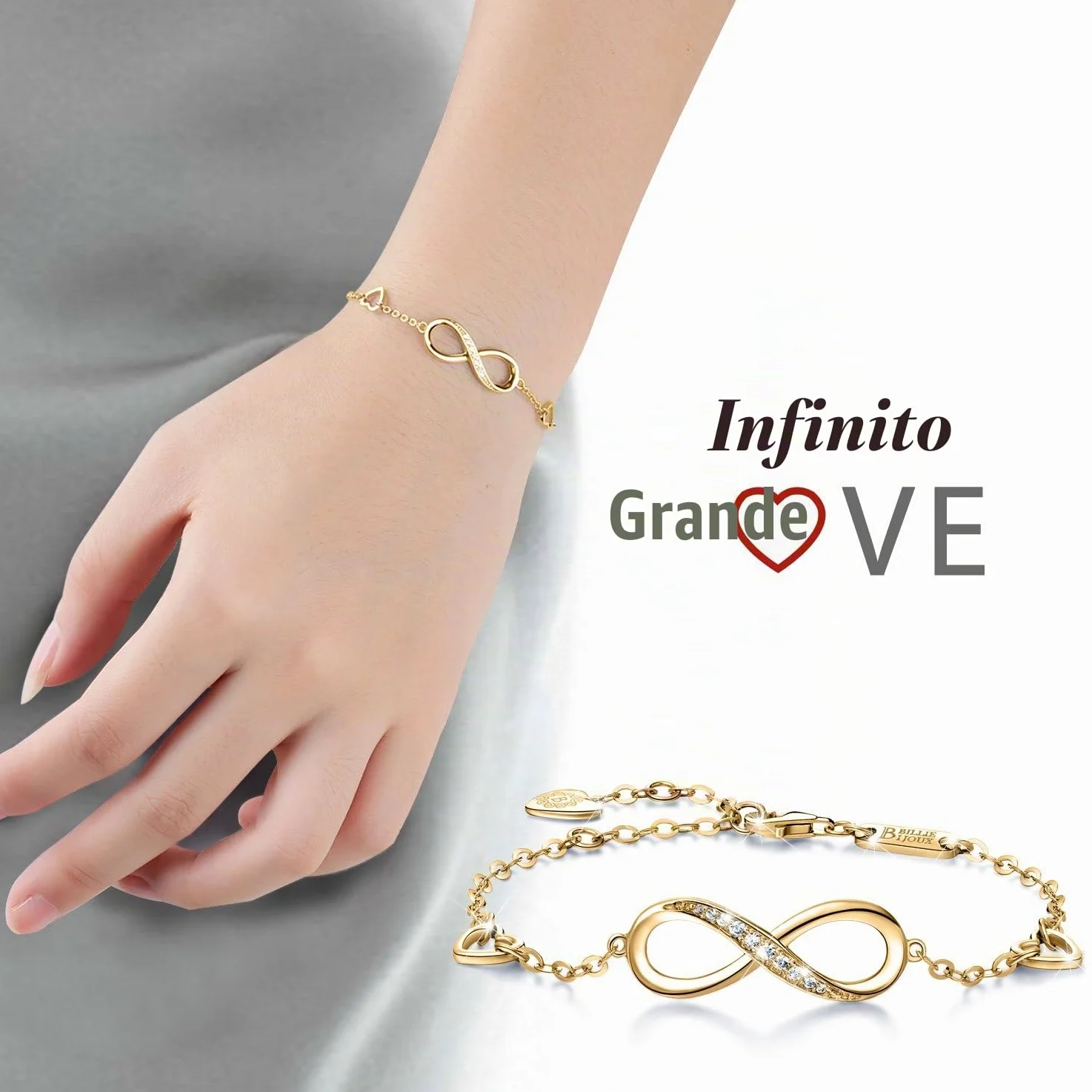 Billie Bijoux Pulsera de plata esterlina Mujer Símbolo Amor Infinito Brazalete de mujer ajustable regalo ideal el día de San Valentín (oro)