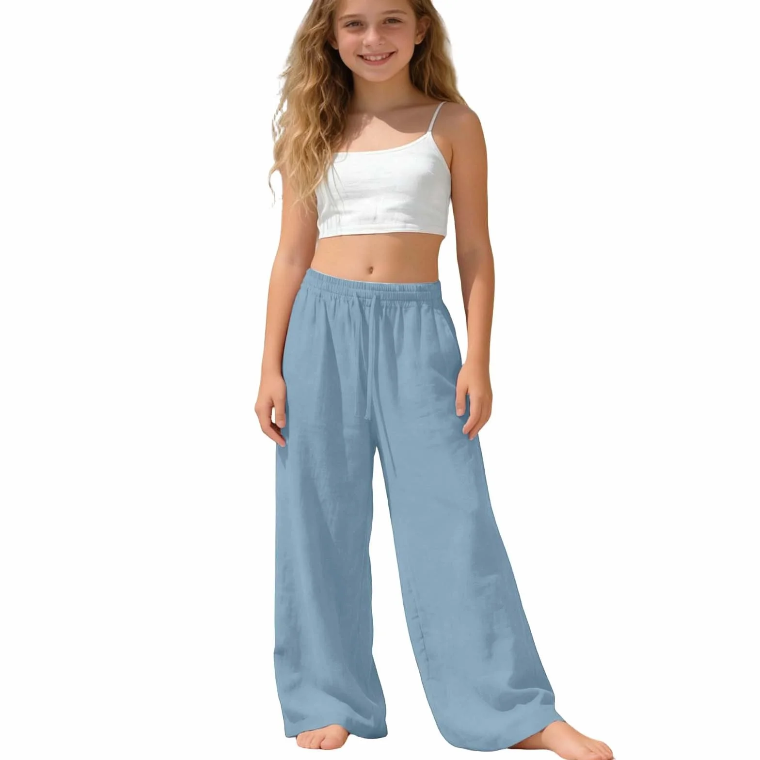 Pantalones de Verano Niña Algodón y Lino Cintura Elásticos Bolsillos Cordón Sueltos Causal Ligero Transpirable Deportivo 4-15 años