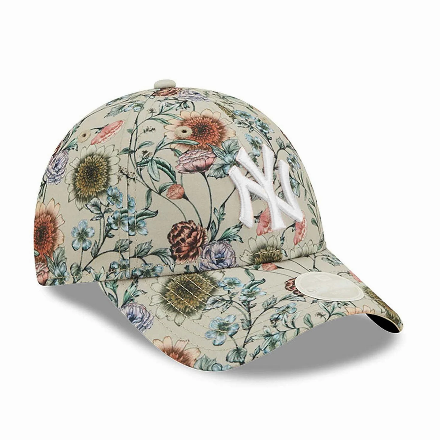 New Era 9FORTY Gorra para mujer, con estampado floral MLB New York Yankees, beige/blanco