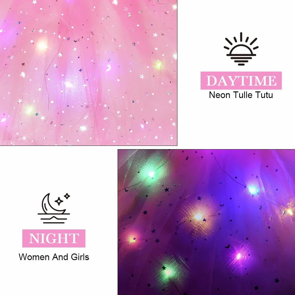 Falda Tutú LED para Mujer con Luz, Tul Adultos, Disfraz Halloween Carnaval, Rosa