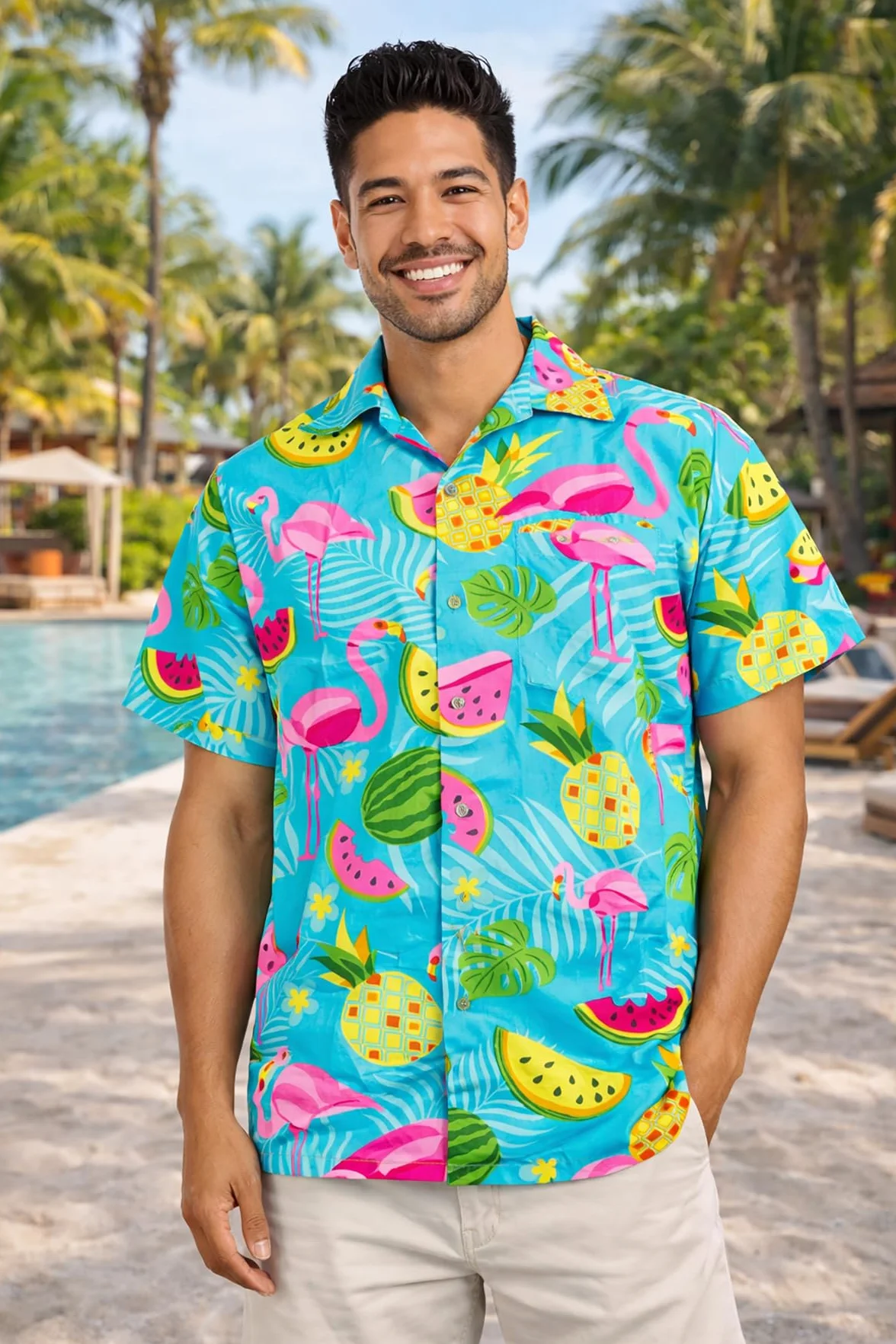 Camisa Hawaiana Hombre Manga Corta Flamingo Melon King Kameha