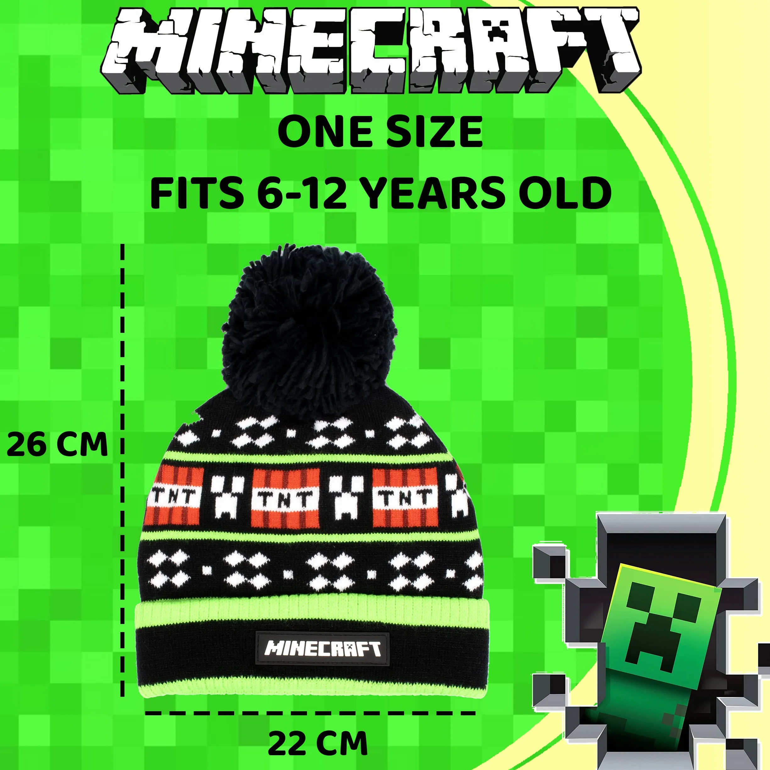 Minecraft Gorro y Guantes de Lana Negros para Niños - Diseño de Píxeles - Talla Única 6-12 Años - Mercancía Oficial