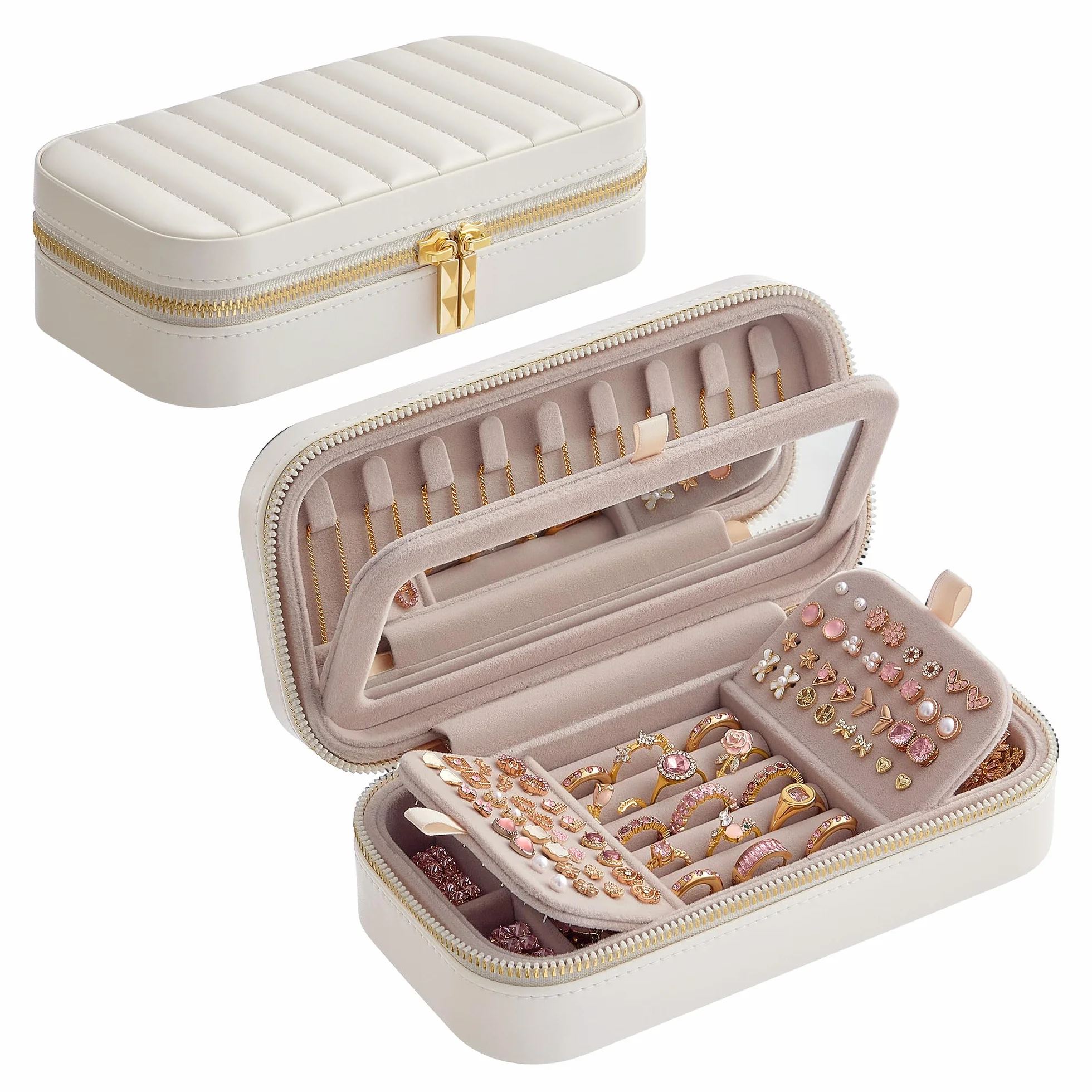 SONGMICS HOME Joyero de Viaje Pequeño con Espejo 10,5 x 20,5 x 6 cm PU Blanco Nube JBC180W01