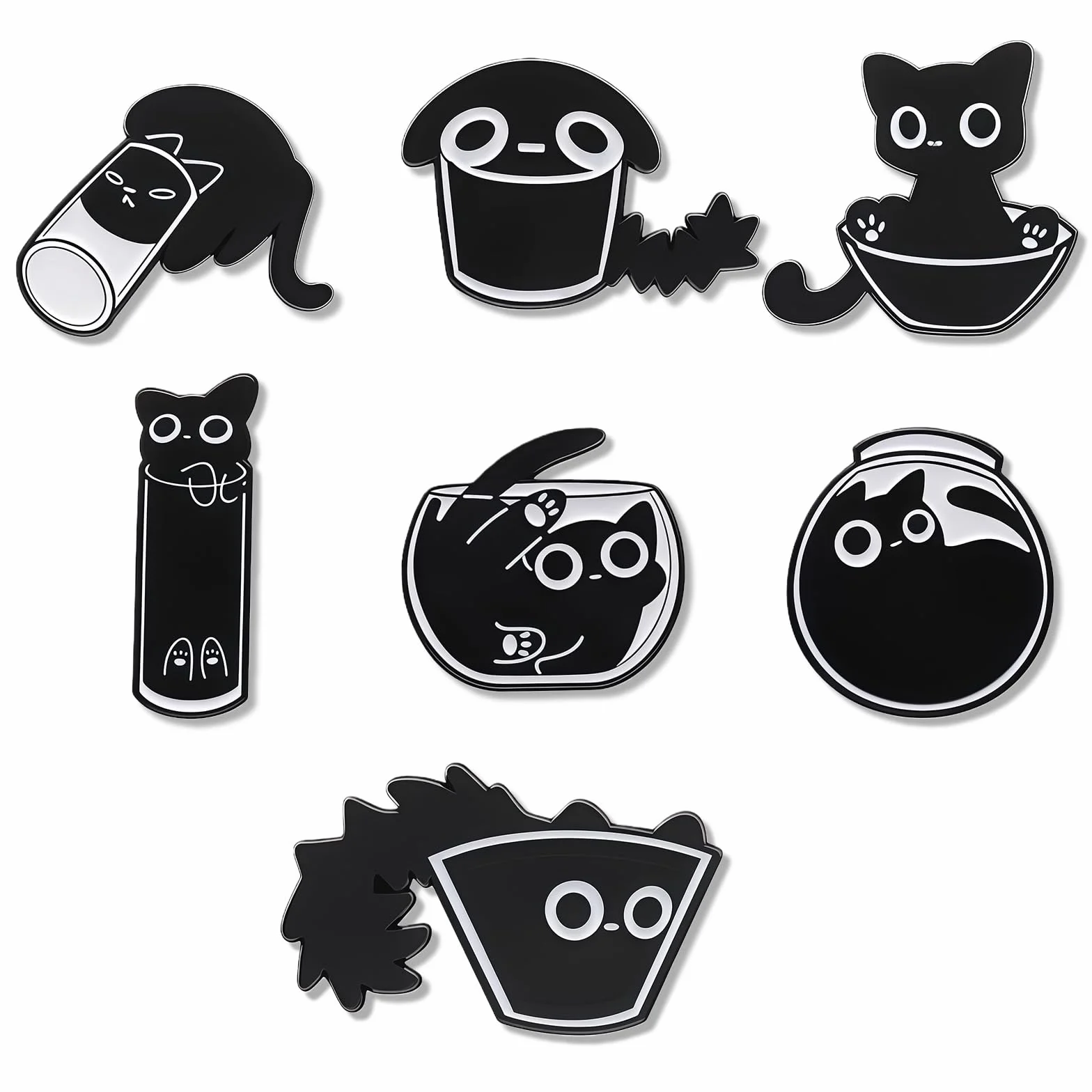 Broches Esmaltados Gato Negro Set 7 Pins para Mochila, Insignias de Esmalte Zinc