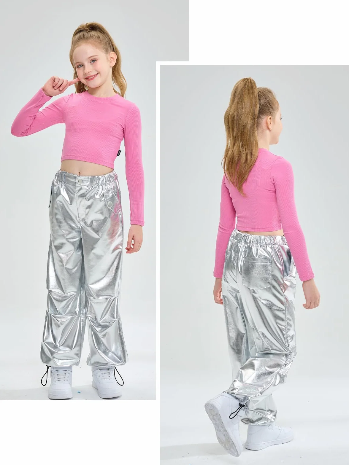 LOLANTA Pantalones de Cuero Metálico Brillante Traje de Baile Hip Hop Retro Cintura Elástica para Niños 6-13 años
