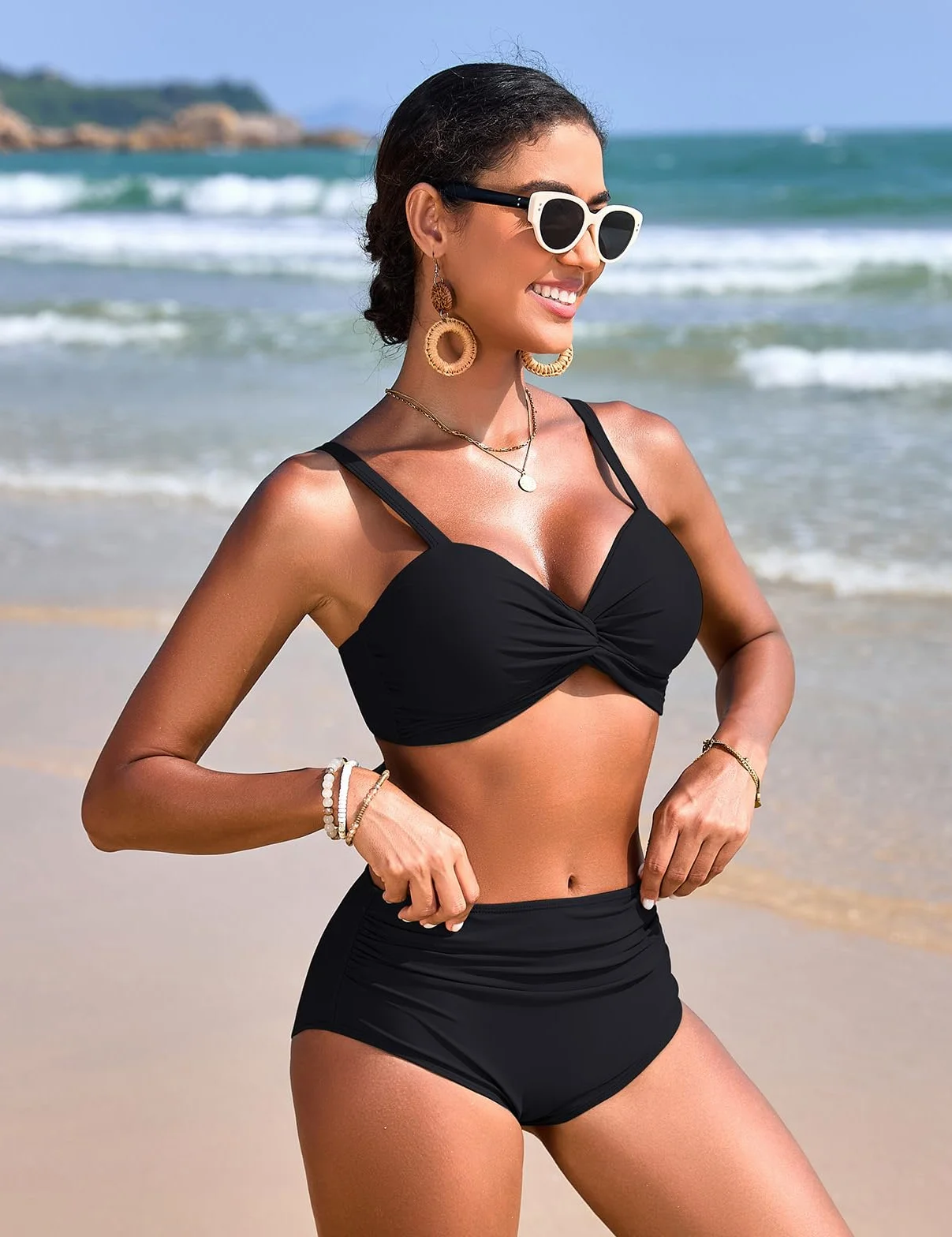 Bikinis Mujer Cintura Alta Reductor Sexy Escote en V Push Up con Relleno Traje de Baño Diseño de Bloques de Color