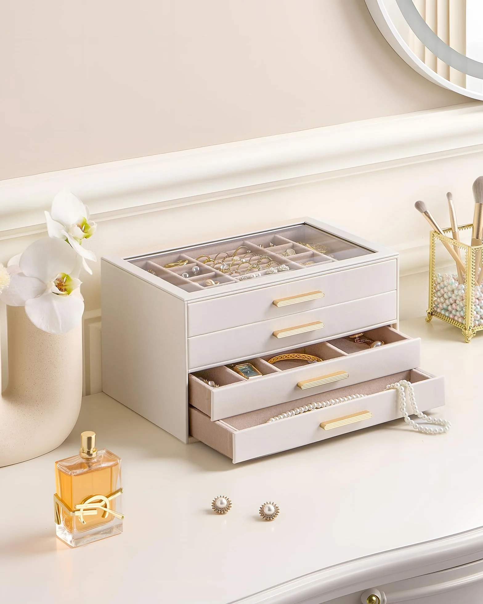 Caja Organizadora de Joyas 4 Niveles con Tapa de Vidrio, Joyero para Anillos Pendientes Pulseras Collares, Estuche Almacenamiento Mujer, Beige