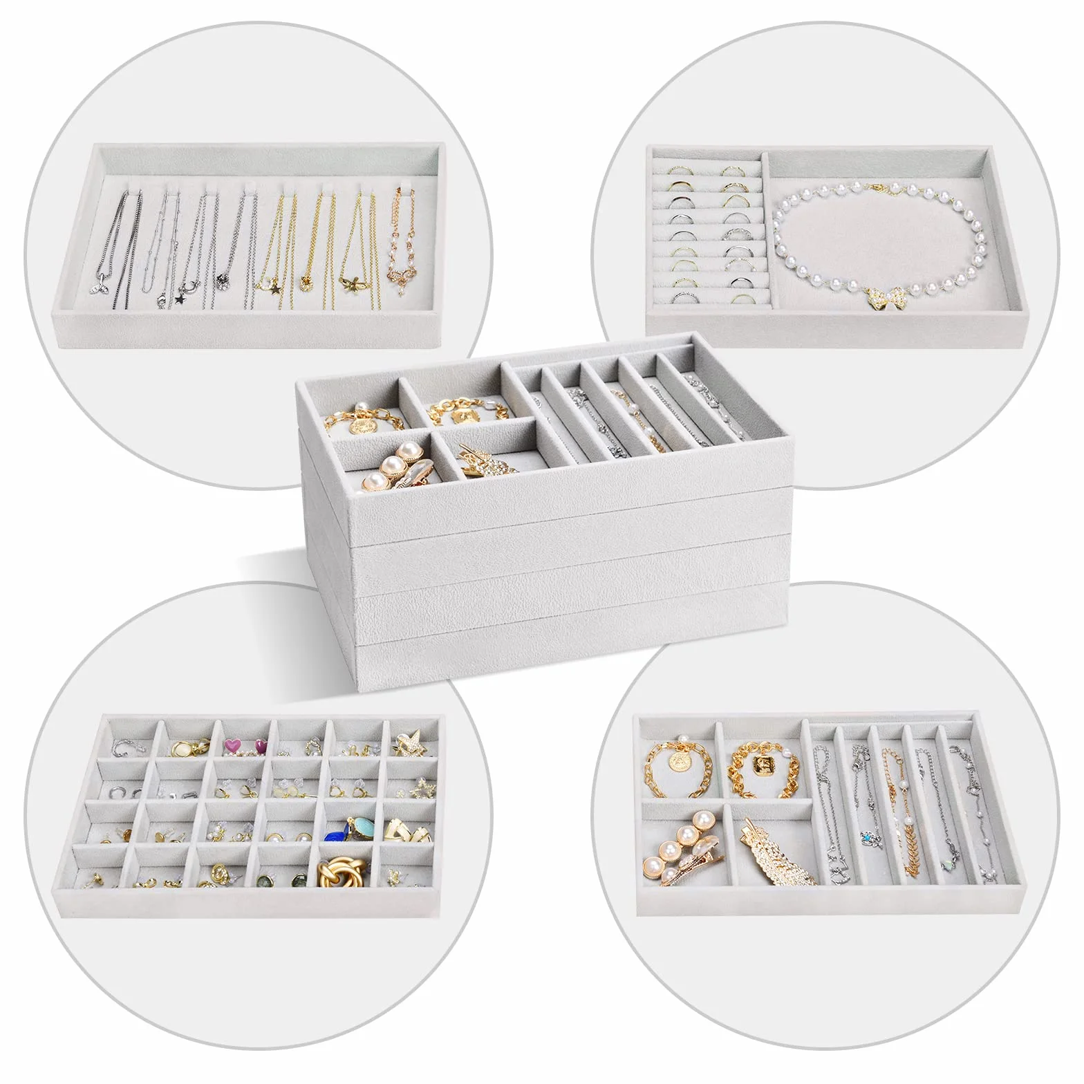 ProCase 4 Capas Combinadas Organizador de Joyas, Bandeja de Joyería para Guardar y Exponer Collares Pulseras Anillos Pendientes -Gris