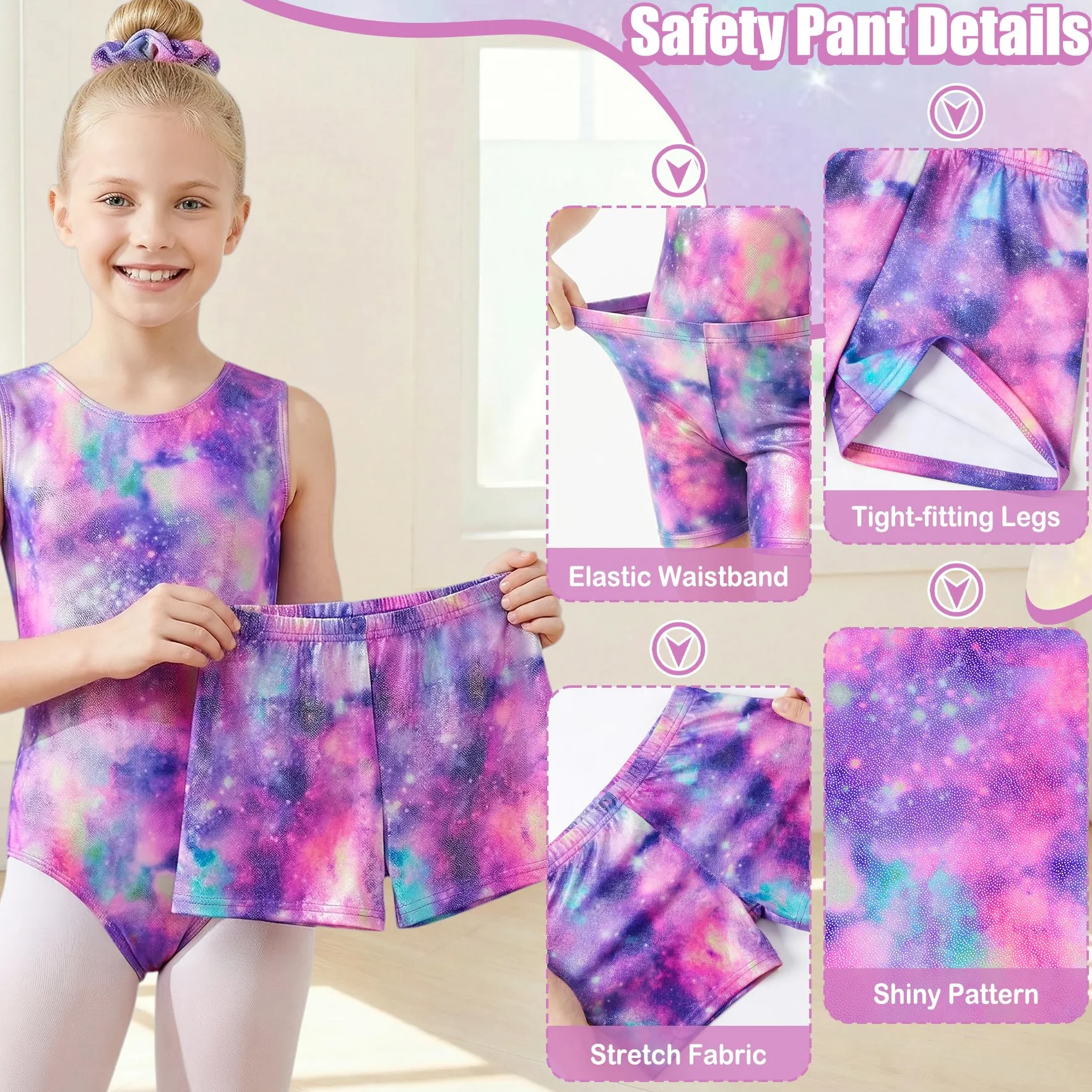 Leotardo de Gimnasia para Niñas 3 Piezas Sin Mangas Larga Maillot con Pantalones Cortos y Diadema Conjunto Brillantes Degradados Body Traje Competición Actuación 3-14 años