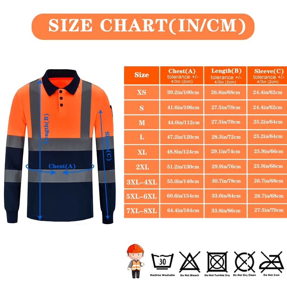 Polo de Manga Larga Impresa Personalizada de Alta Visibilidad con Logotipo Personalizado de Manga Larga Hi Viz de Alta Visibilidad Reflectante de Seguridad Polo de Trabajo