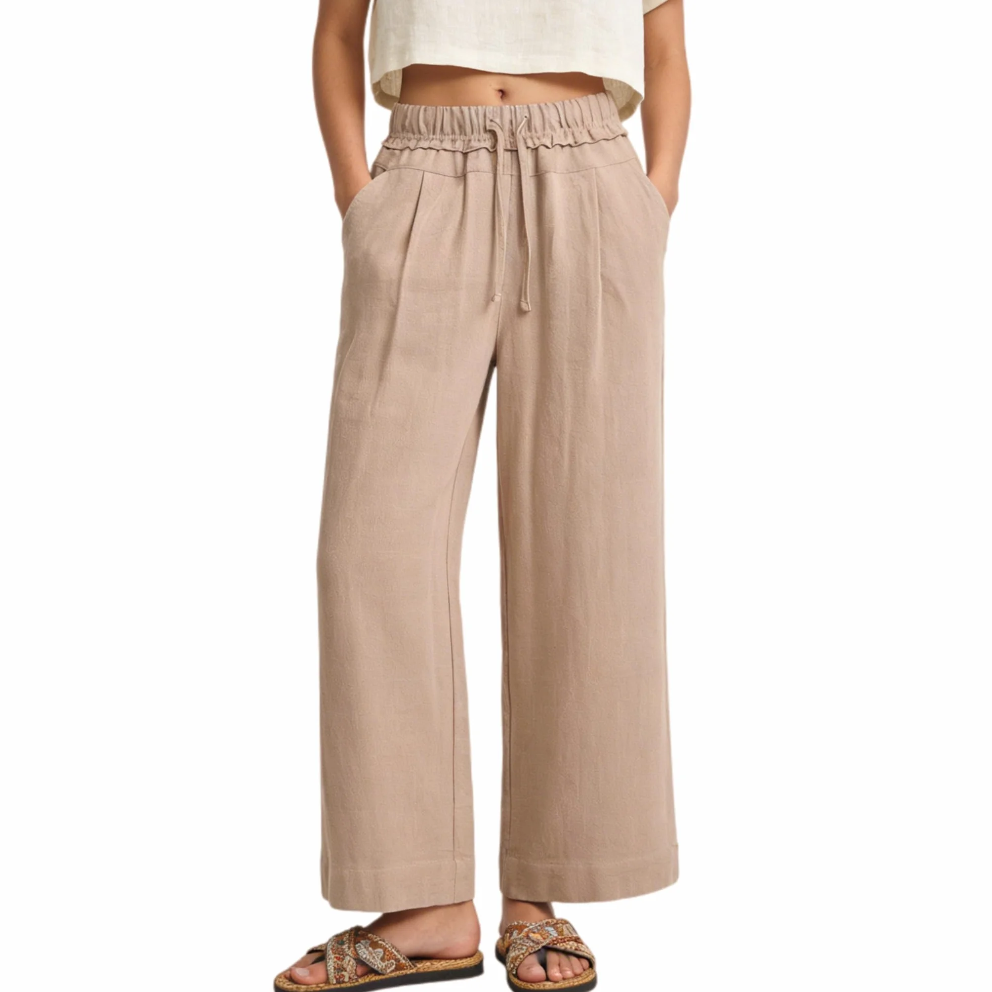 Pantalones de Lino para Niñas, Cintura Elástica Pierna Ancha Palazzo Playa con Bolsillos
