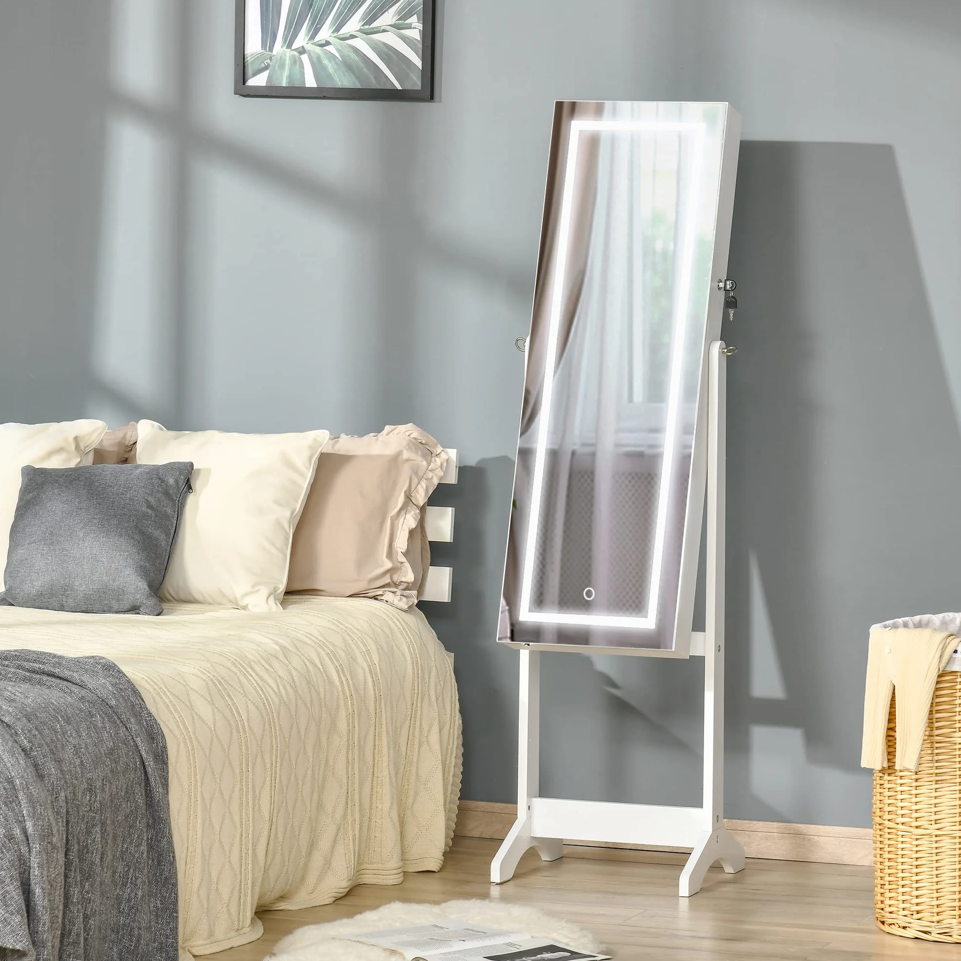 HOMCOM Espejo Joyero con Luces LED, Armario de Pie, Cierre Magnético, Blanco y Forro Negro