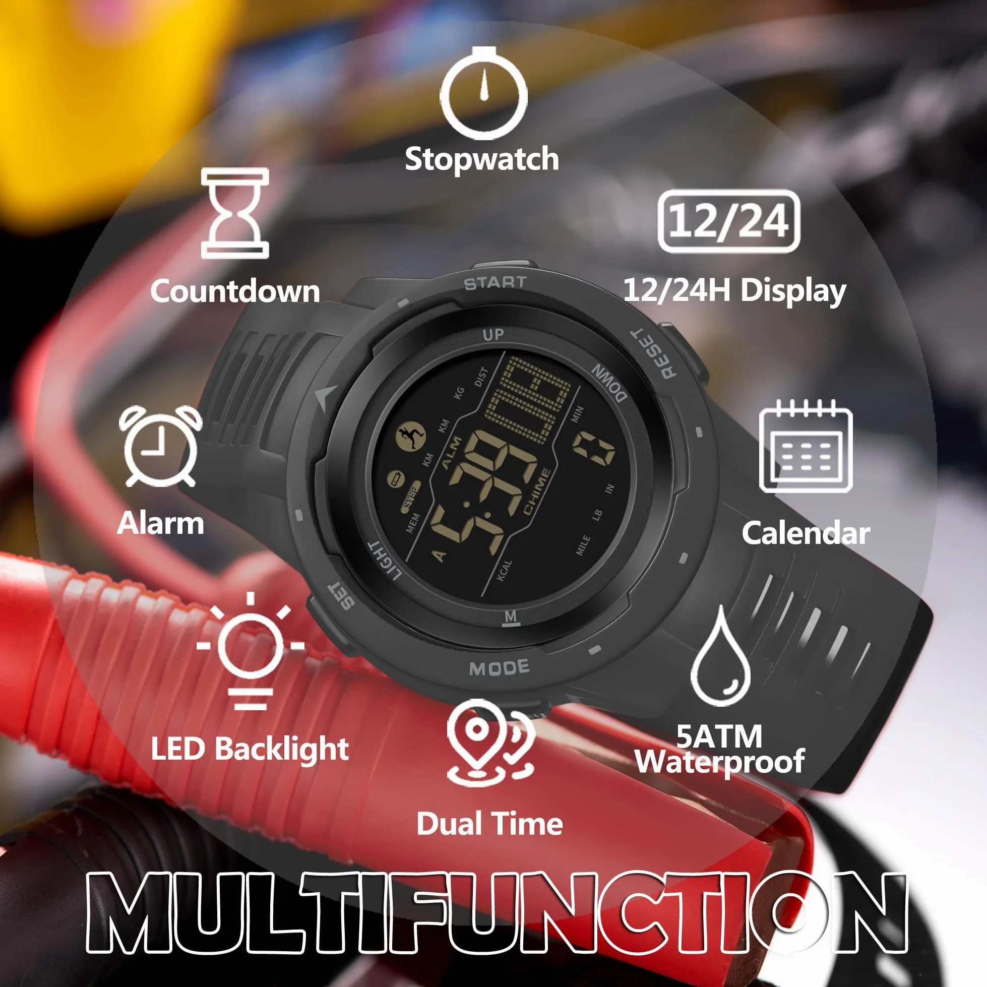 findtime Reloj Digital para Hombre Relojes Militares para Hombres Contador de Pasos y Calorías Podómetro Cronómetro Alarma Multifunción Retroiluminación LED 5ATM Resistente al Agua Reloj para Hombres