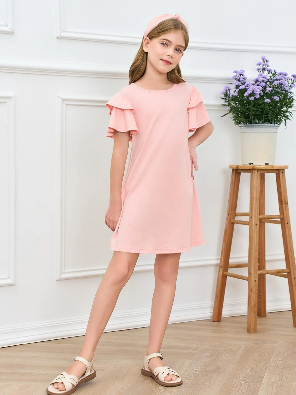 Vestido de niña con mangas con volantes cuello redondo verano línea A monocolor elegante fiesta cumpleaños boda