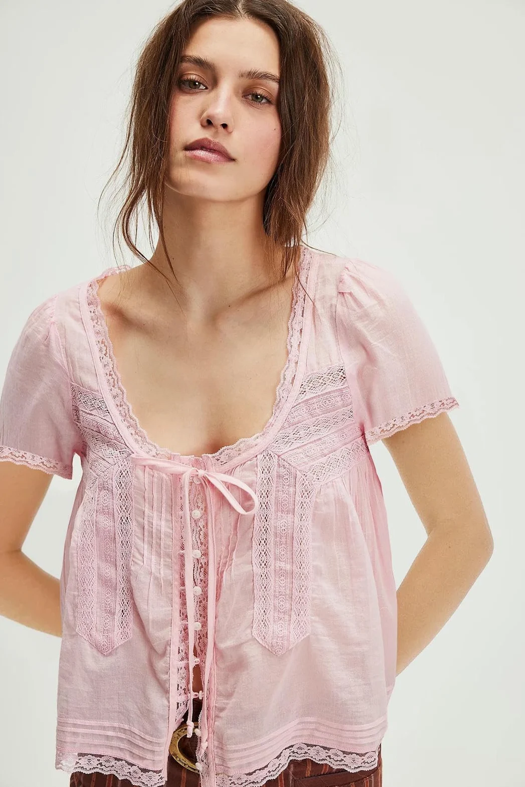 Camisetas para Mujer Diseño Hueco Tridimensional, Algodón Orgánico De Alta Densidad, Borde Encaje, Blusa Ligera con Corbata -Red-s