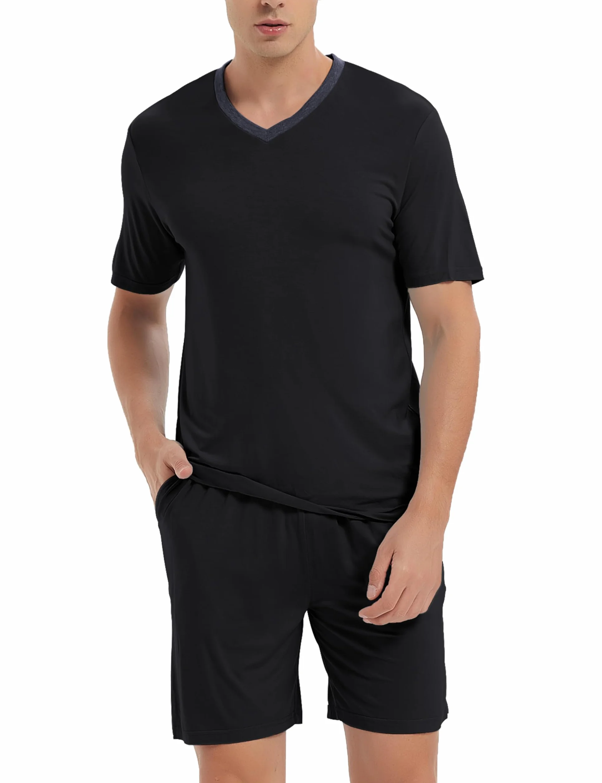 MoFiz Pijamas Corto Hombre Verano Clásico Cuello V Camisetas Pantalon Pijama Manga Corta Ropa de Dormir Bolsillos