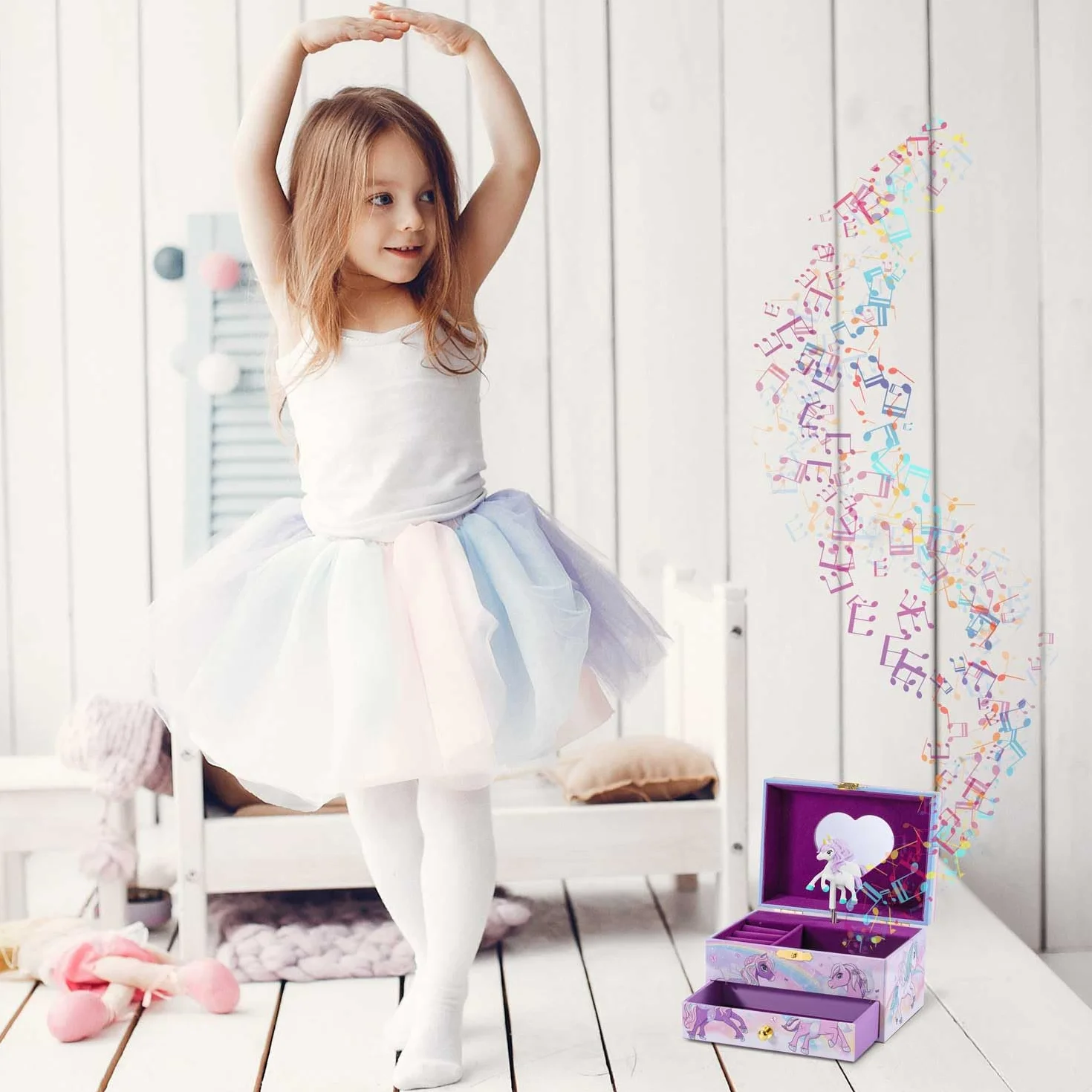 CRAZE Joyero Musical Niña Unicornio Caja de Música Cajón Extraíble Aterciopelado Espejo Unicornio Giratorio
