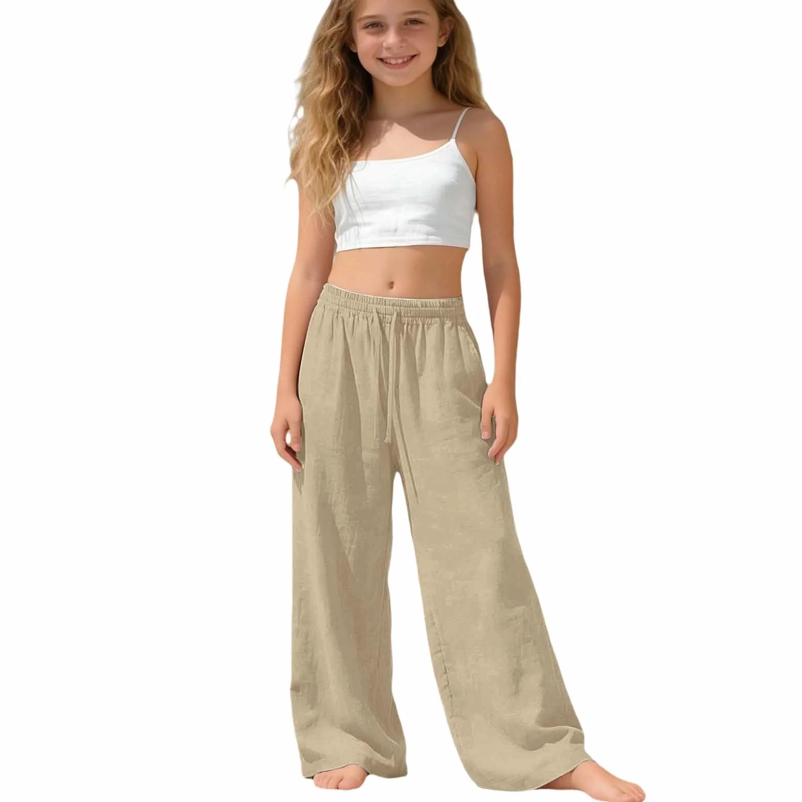 Pantalones Palazzo Largos Anchos de Lino Muselina para Niñas y Adolescentes