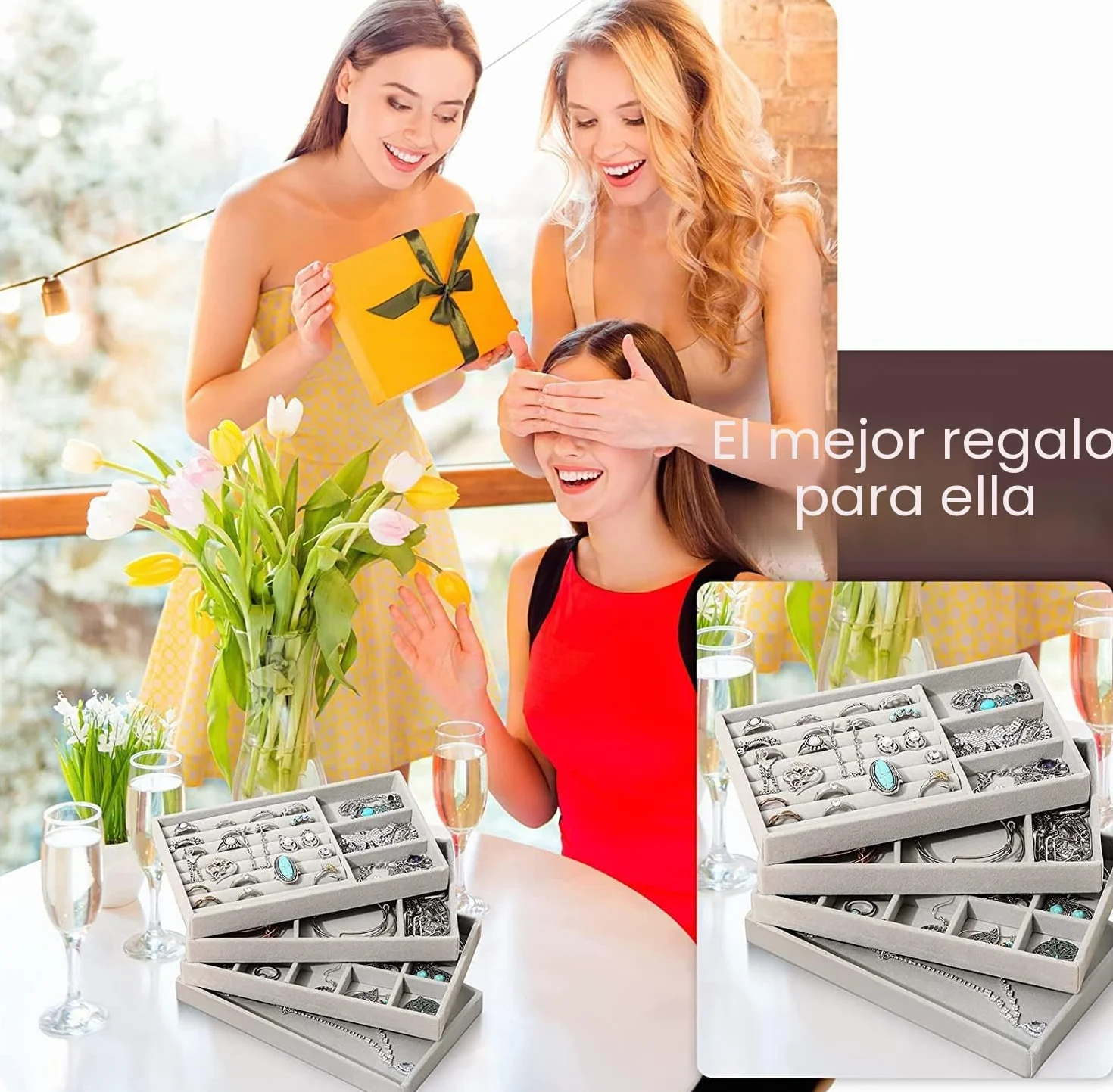 PIQIUQIU Juego de 4 bandejas apilables para joyas, organizador de joyas, almacenamiento de joyas, cajón para guardar y exhibir pendientes, collares, anillos (gris)